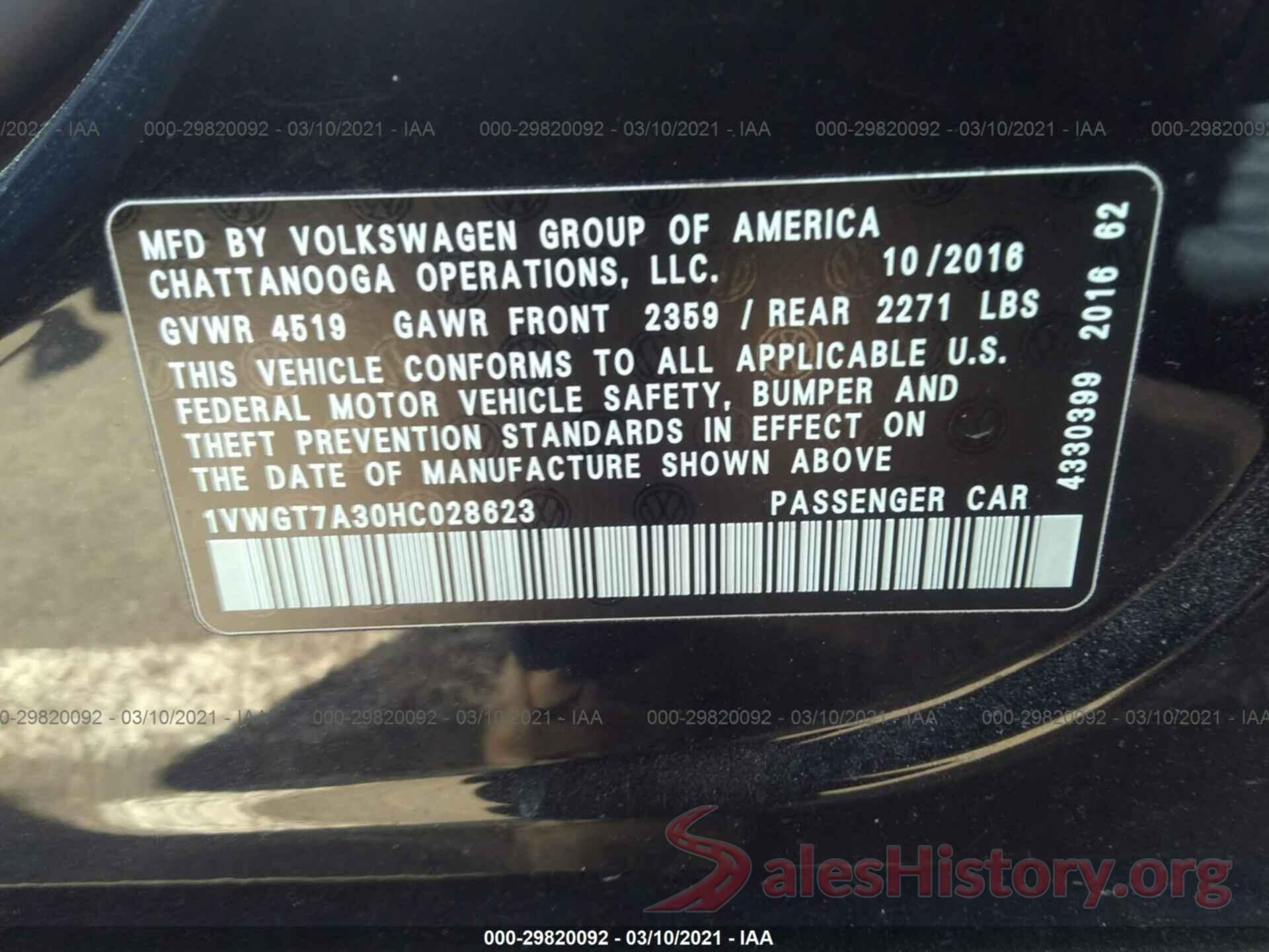 1VWGT7A30HC028623 2017 VOLKSWAGEN PASSAT