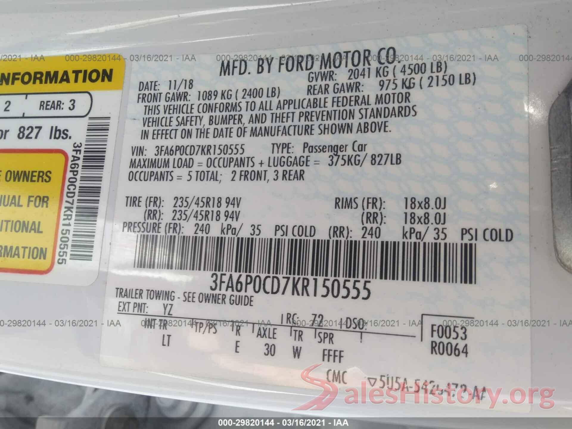 3FA6P0CD7KR150555 2019 FORD FUSION