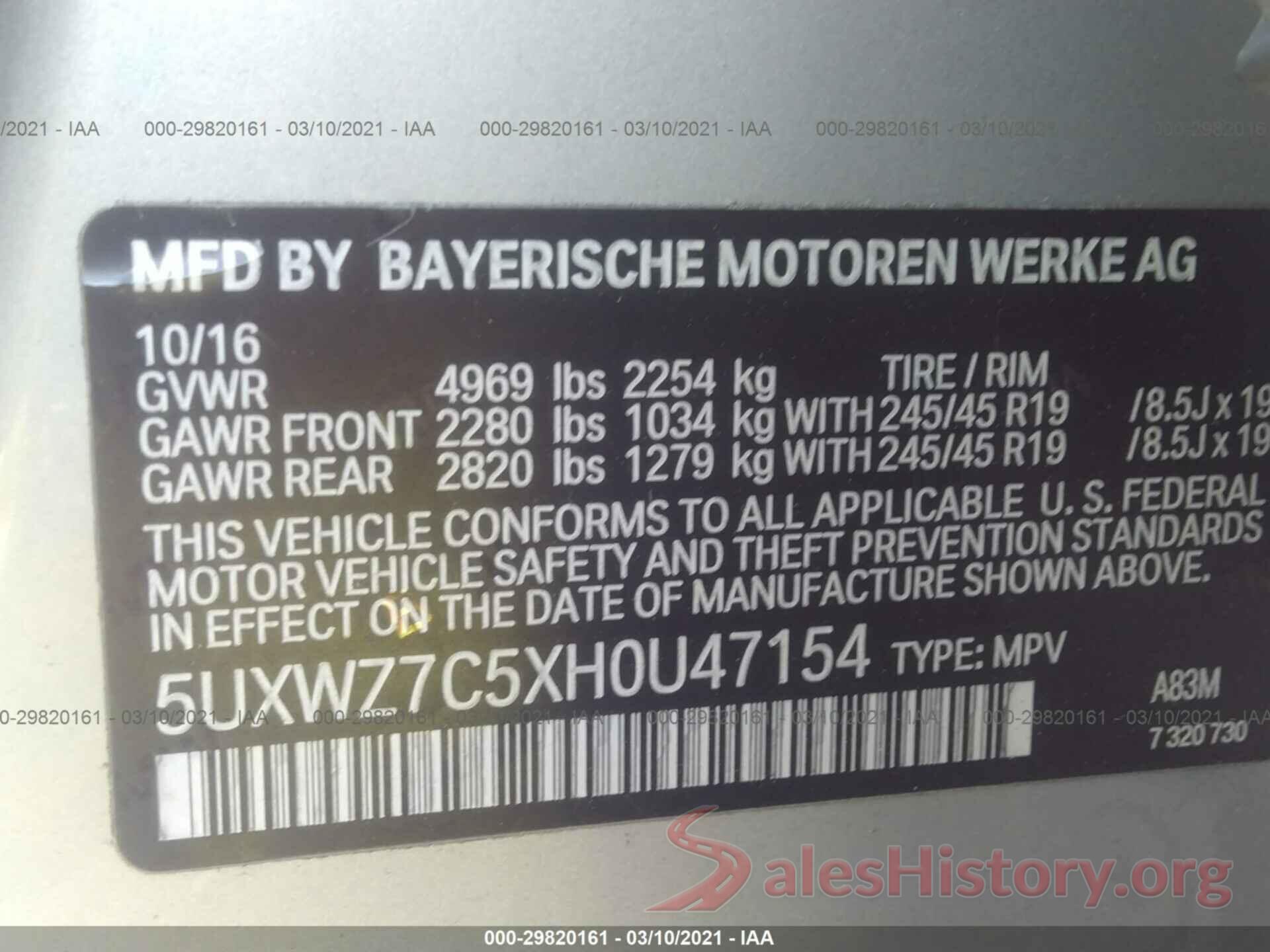 5UXWZ7C5XH0U47154 2017 BMW X3