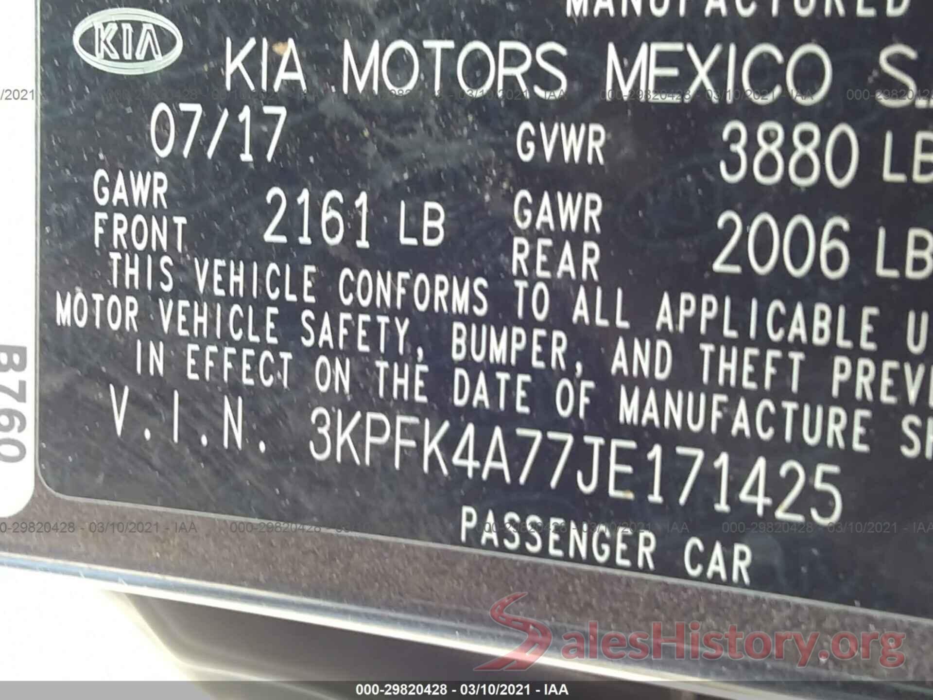 3KPFK4A77JE171425 2018 KIA FORTE