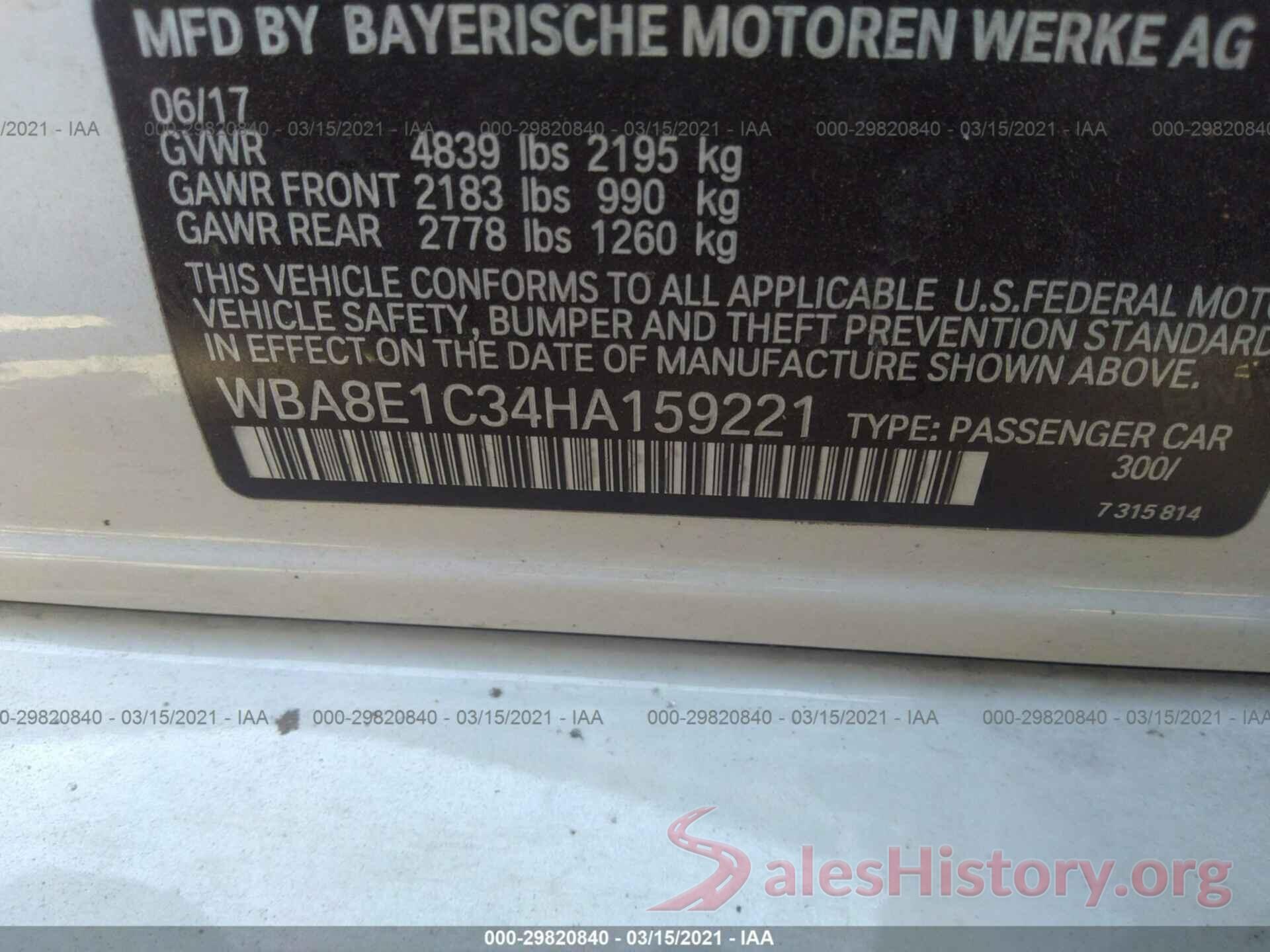 WBA8E1C34HA159221 2017 BMW 3 SERIES