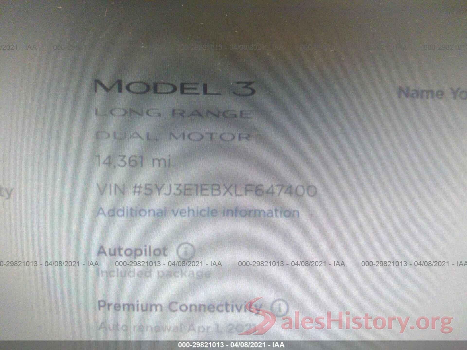 5YJ3E1EBXLF647400 2020 TESLA MODEL 3