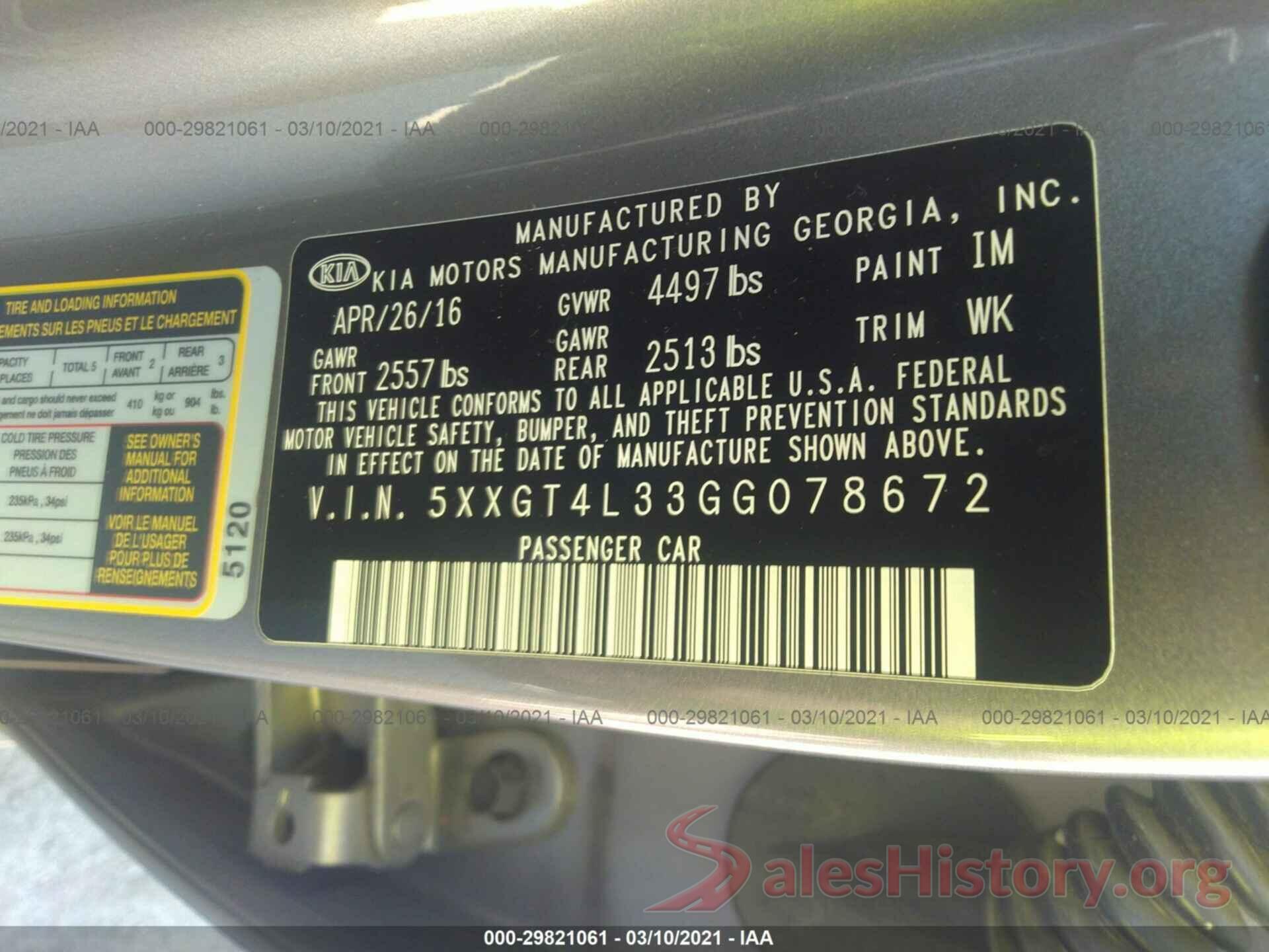 5XXGT4L33GG078672 2016 KIA OPTIMA