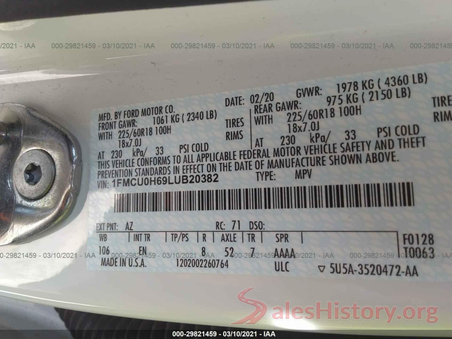 1FMCU0H69LUB20382 2020 FORD ESCAPE