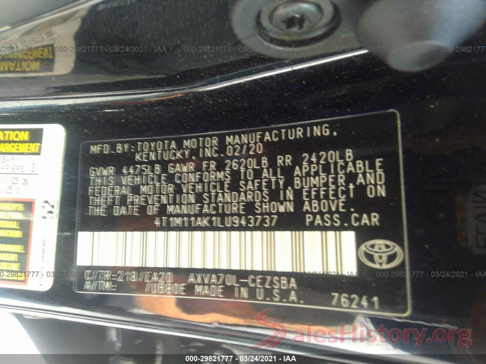 4T1M11AK1LU943737 2020 TOYOTA CAMRY