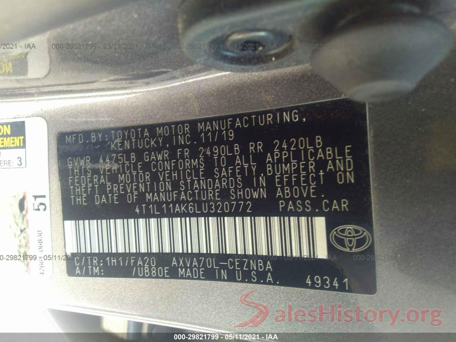 4T1L11AK6LU320772 2020 TOYOTA CAMRY