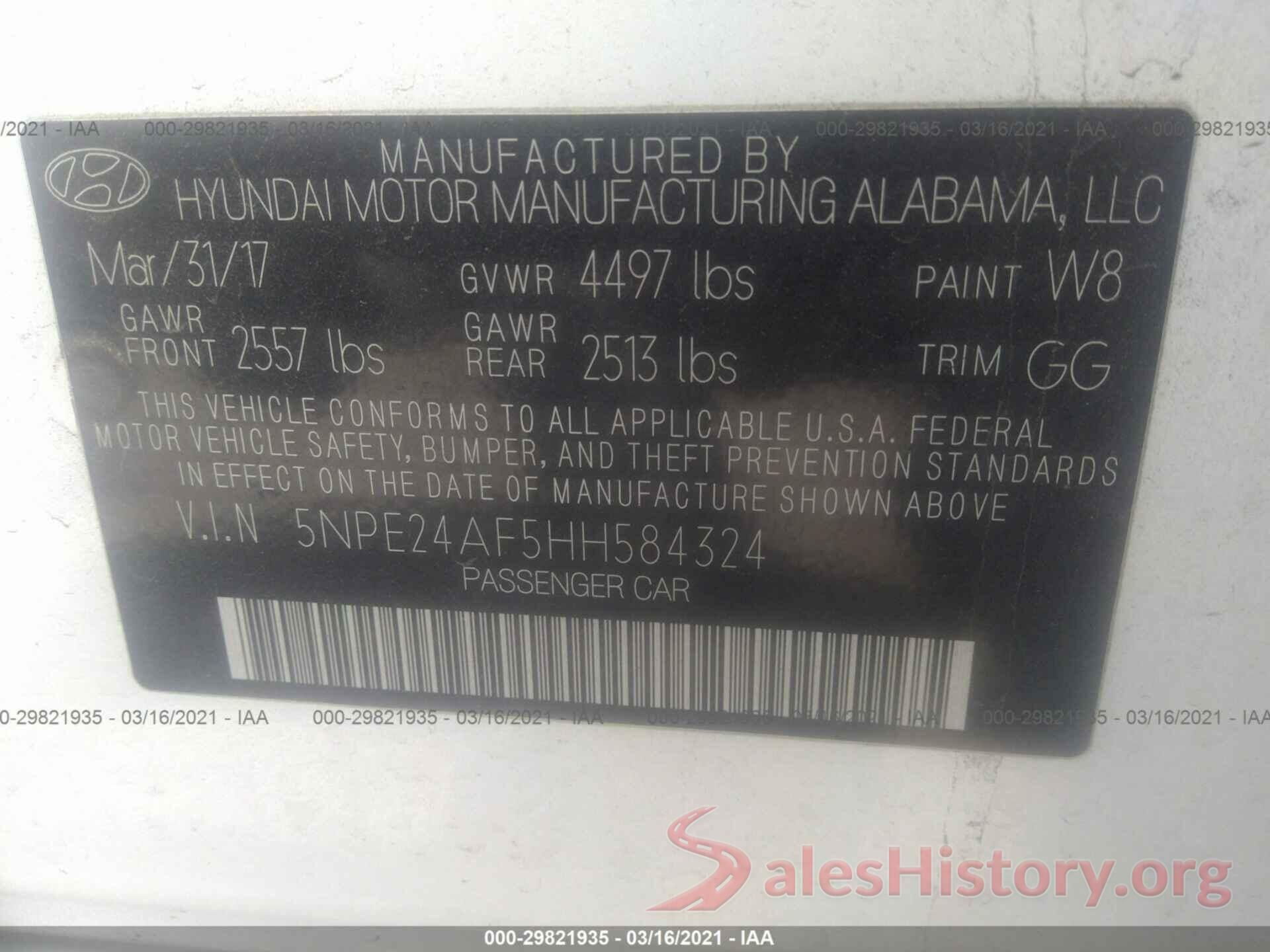 5NPE24AF5HH584324 2017 HYUNDAI SONATA