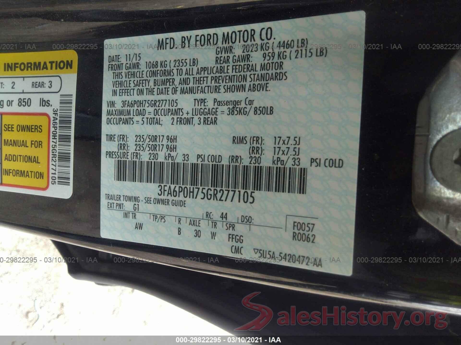 3FA6P0H75GR277105 2016 FORD FUSION