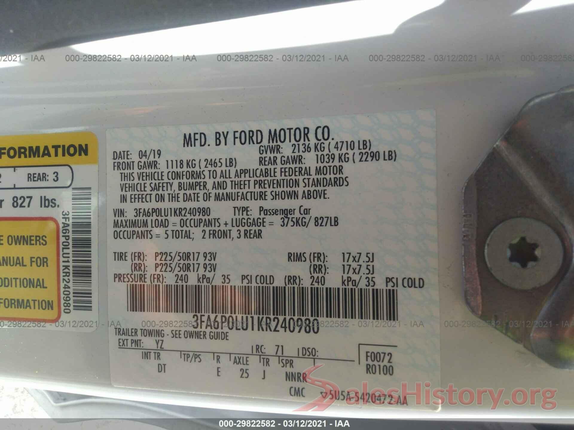 3FA6P0LU1KR240980 2019 FORD FUSION HYBRID