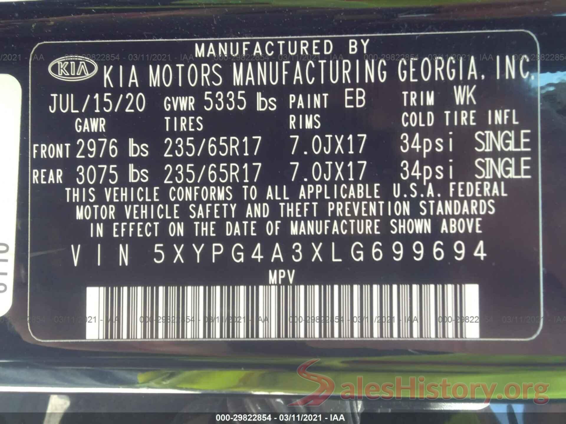 5XYPG4A3XLG699694 2020 KIA SORENTO