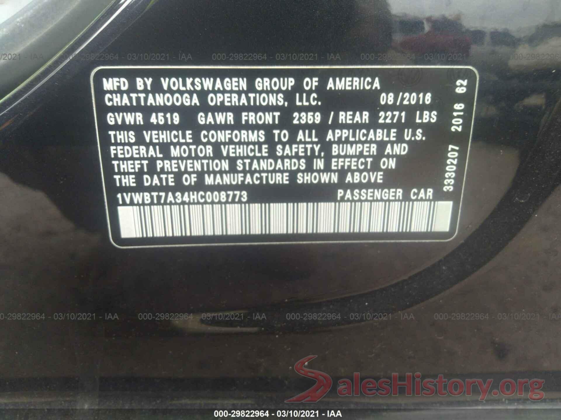 1VWBT7A34HC008773 2017 VOLKSWAGEN PASSAT