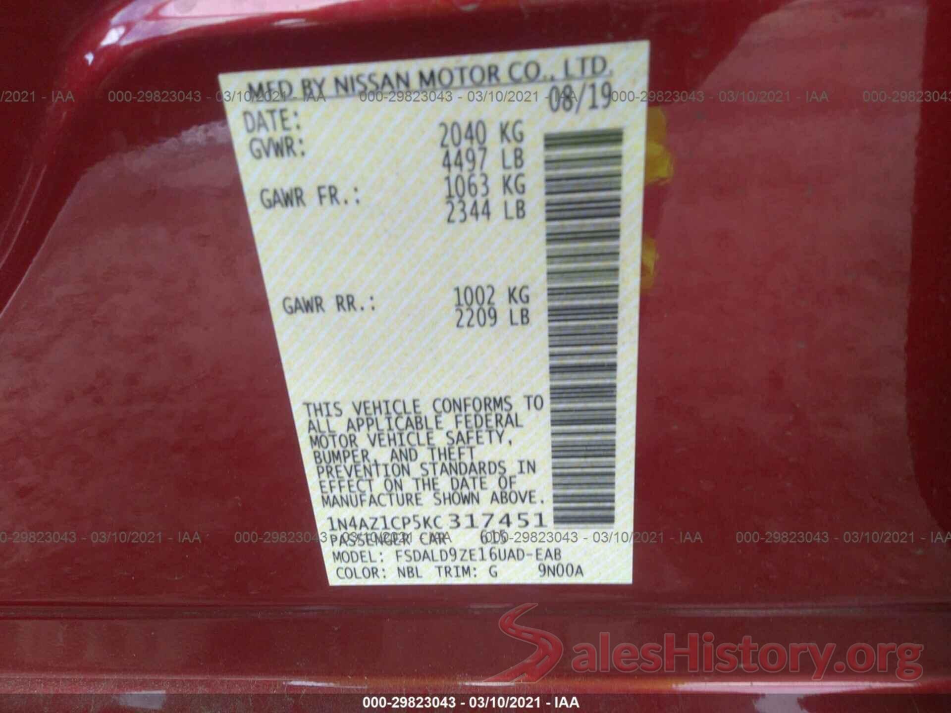 1N4AZ1CP5KC317451 2019 NISSAN LEAF