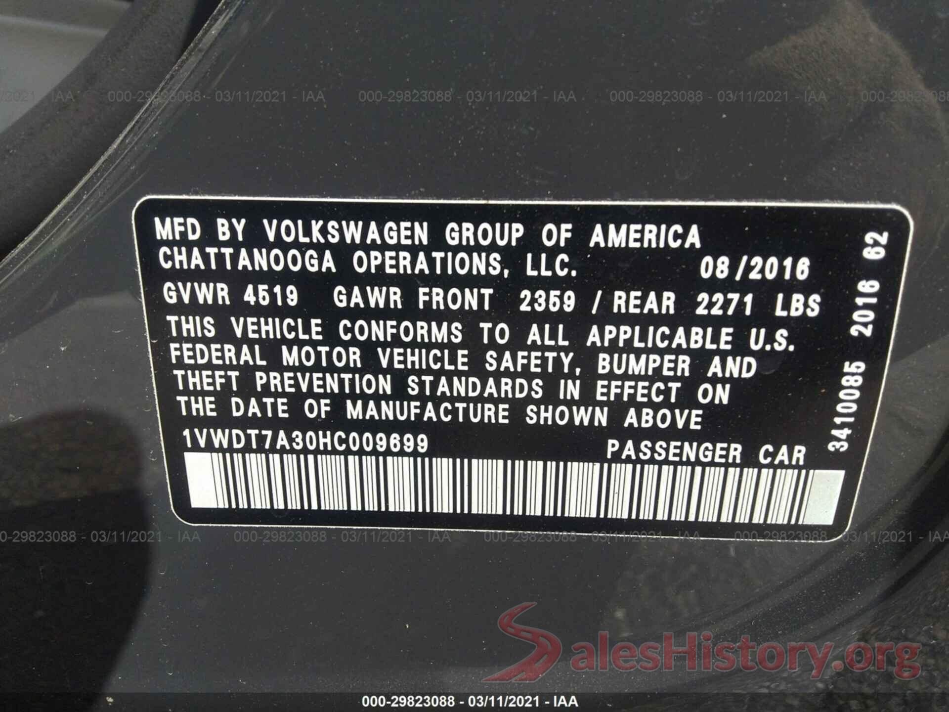 1VWDT7A30HC009699 2017 VOLKSWAGEN PASSAT