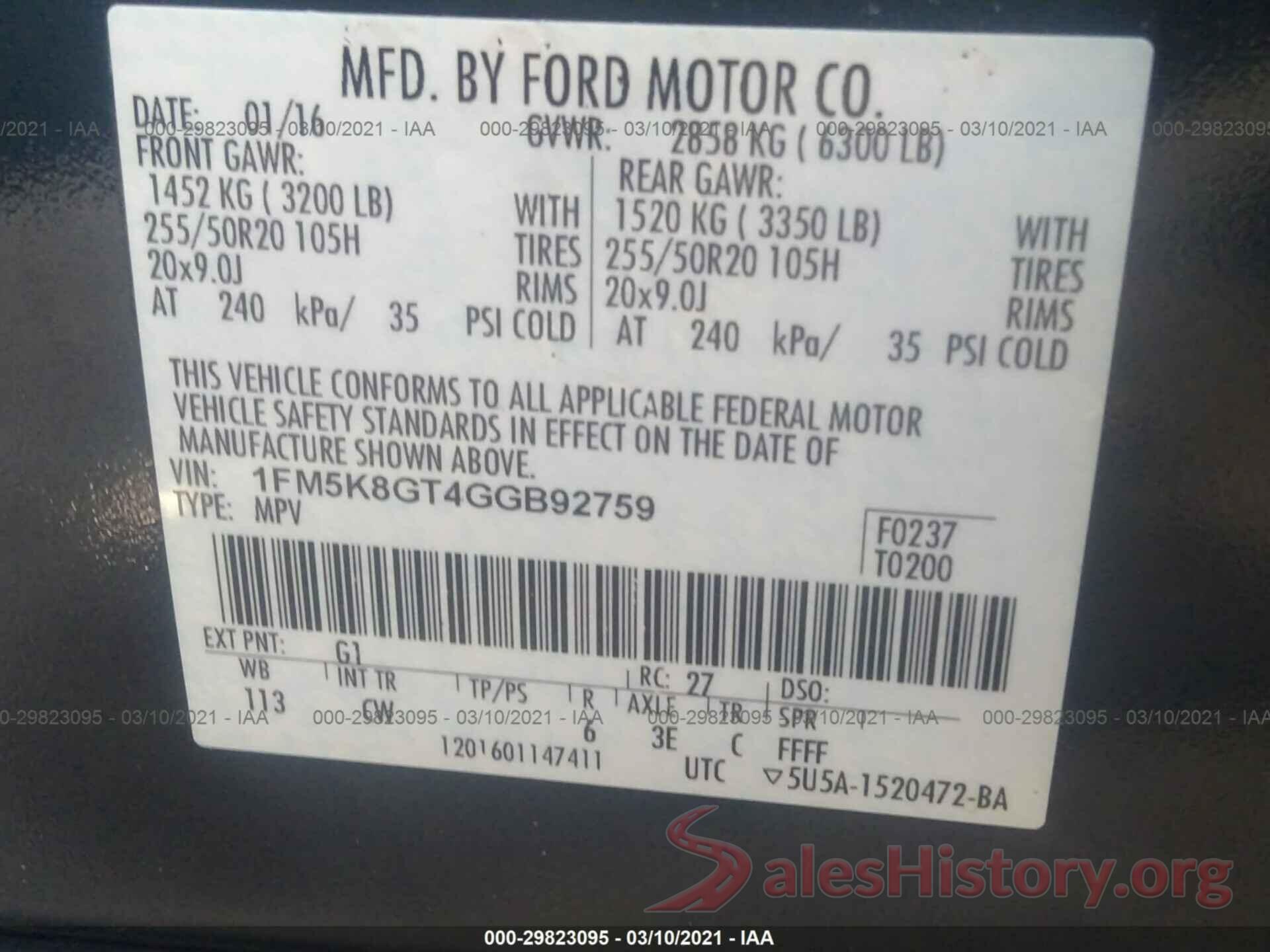 1FM5K8GT4GGB92759 2016 FORD EXPLORER