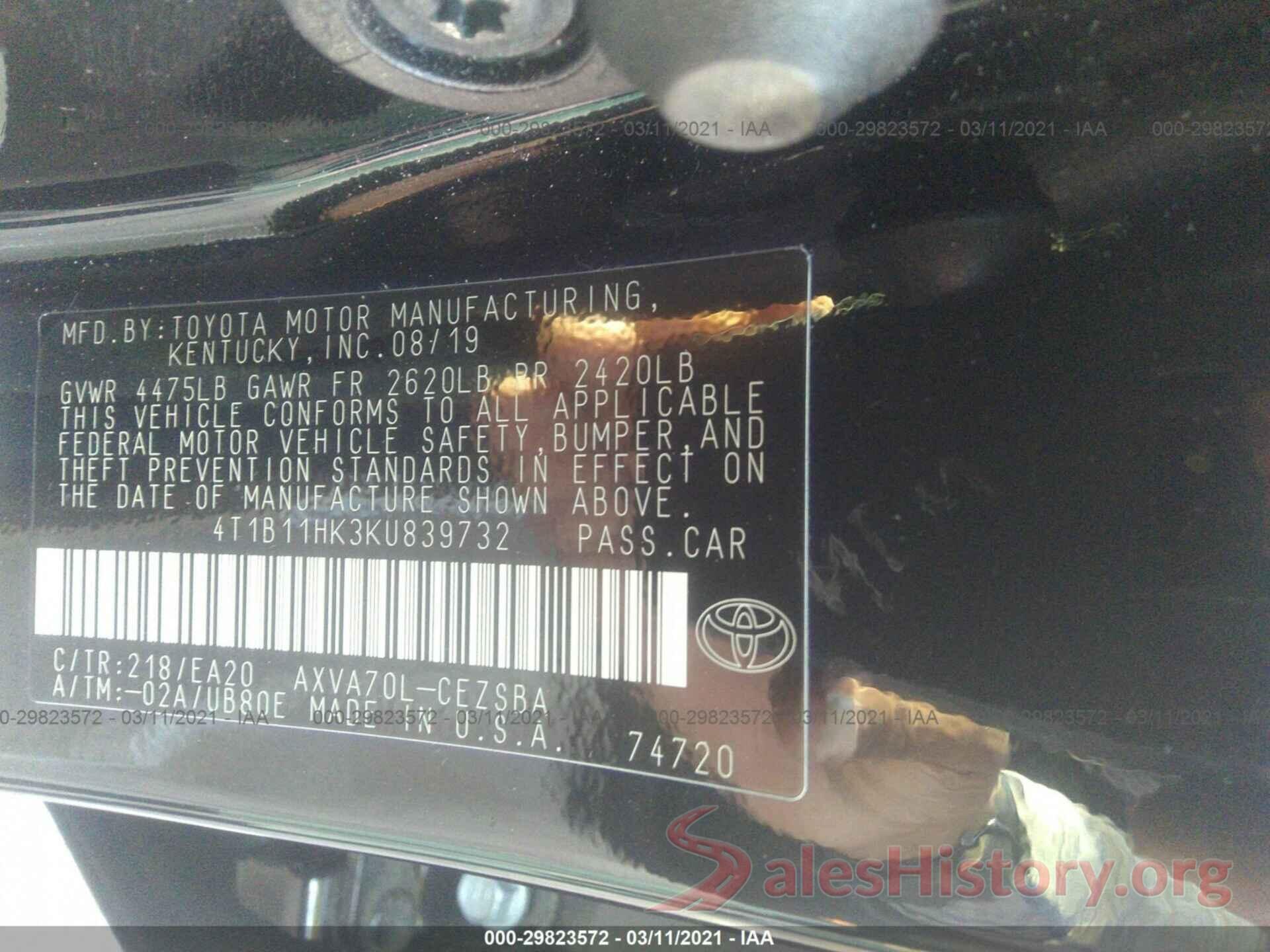 4T1B11HK3KU839732 2019 TOYOTA CAMRY