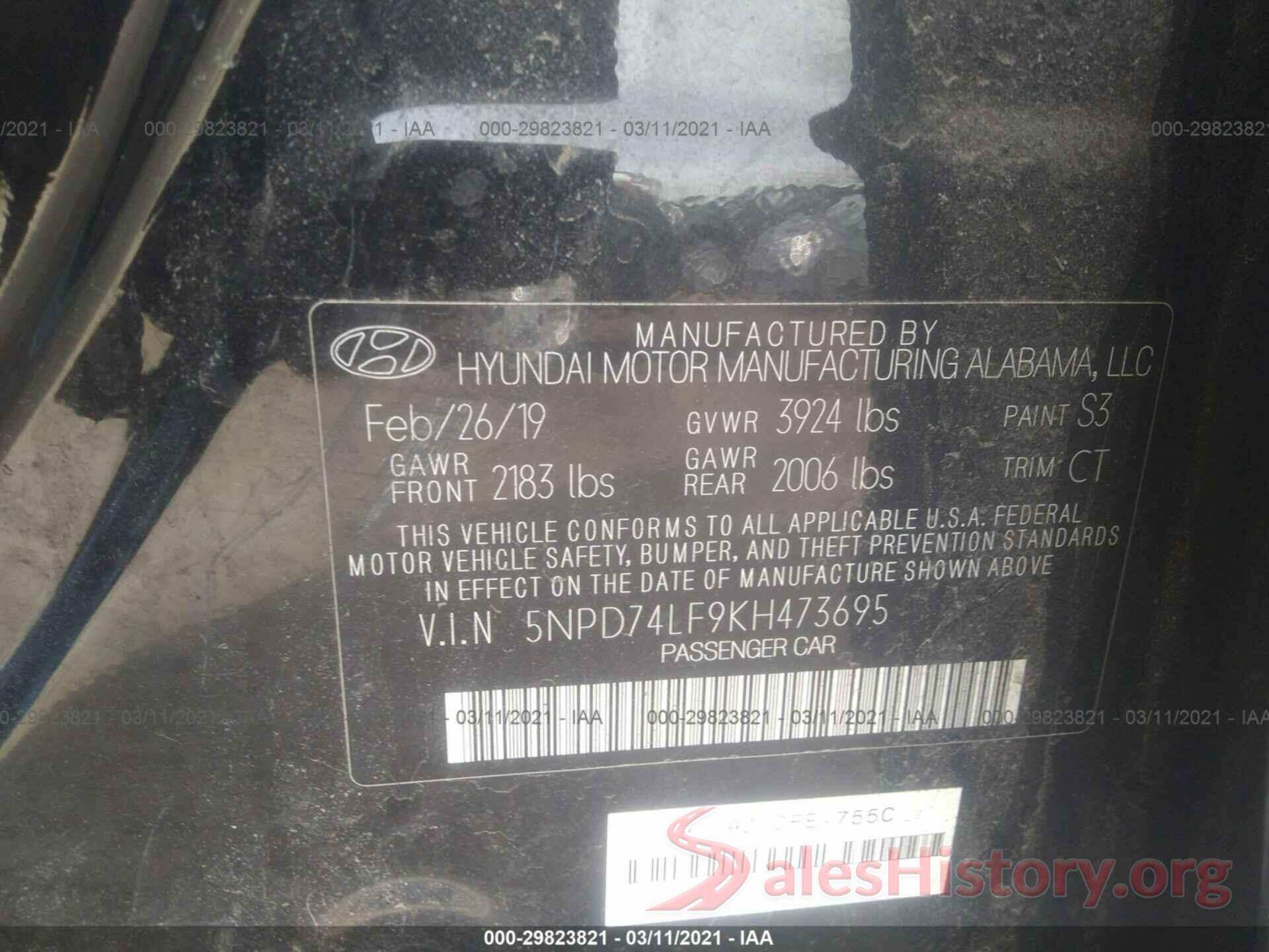 5NPD74LF9KH473695 2019 HYUNDAI ELANTRA