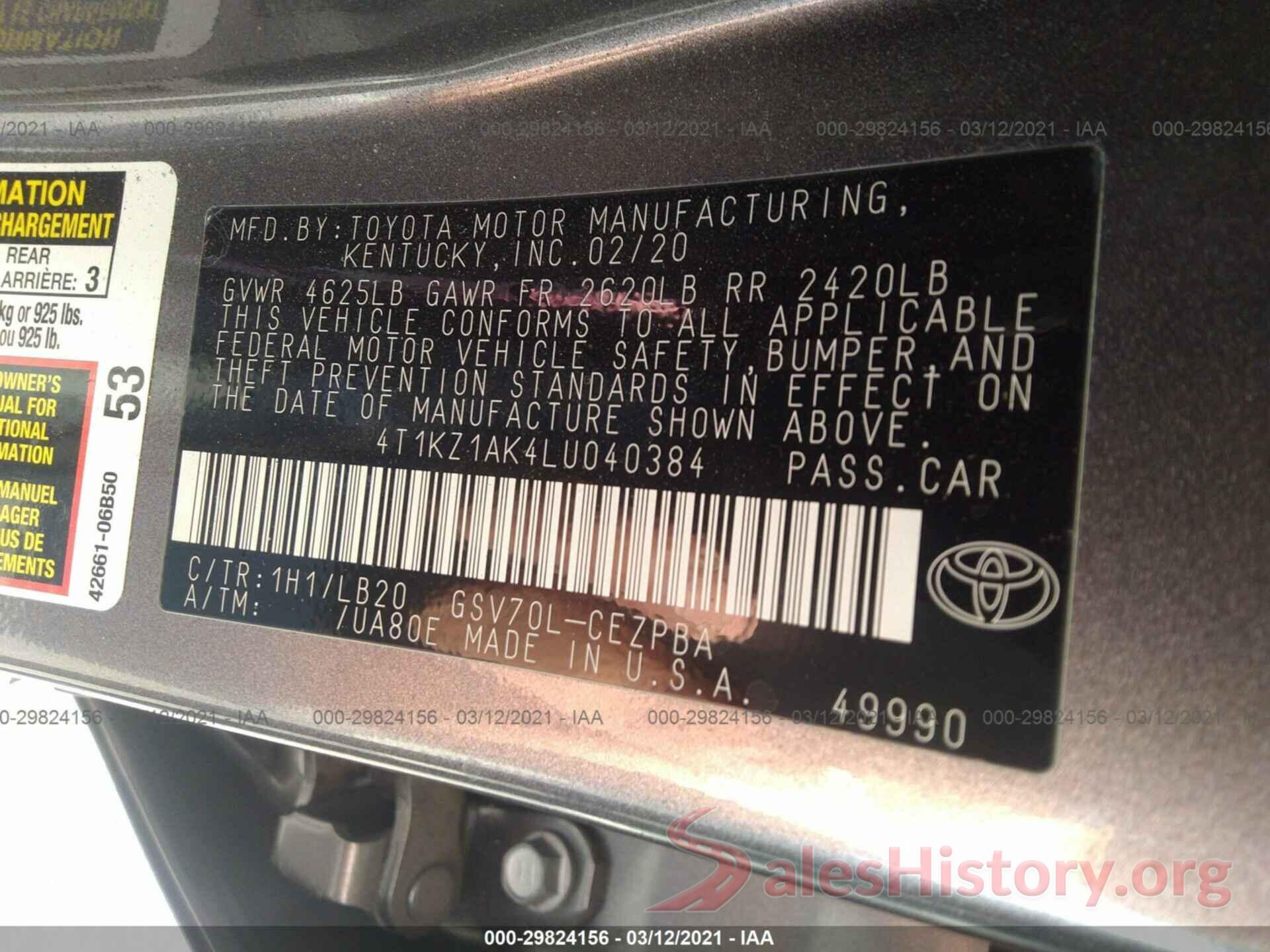 4T1KZ1AK4LU040384 2020 TOYOTA CAMRY