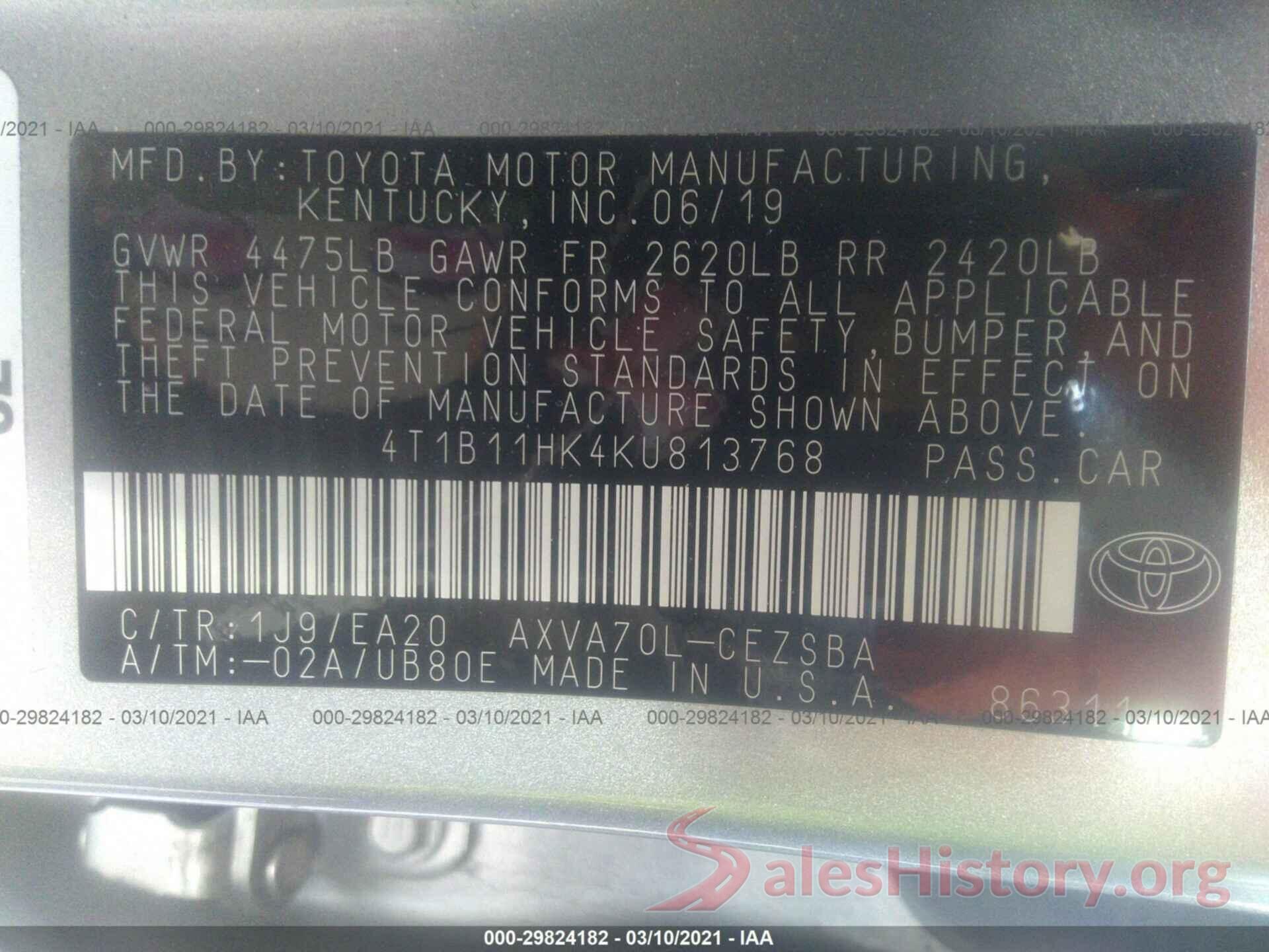 4T1B11HK4KU813768 2019 TOYOTA CAMRY