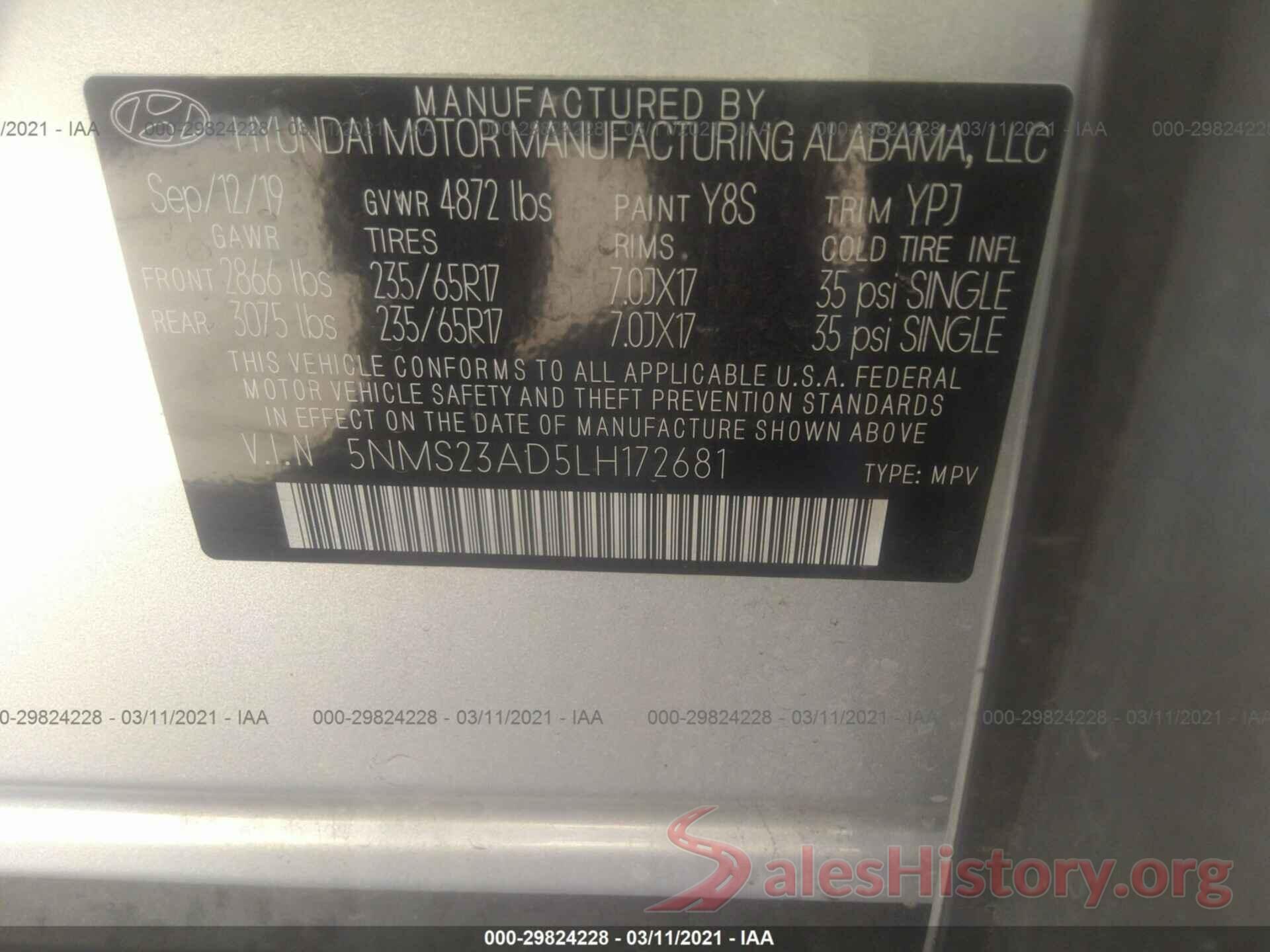 5NMS23AD5LH172681 2020 HYUNDAI SANTA FE