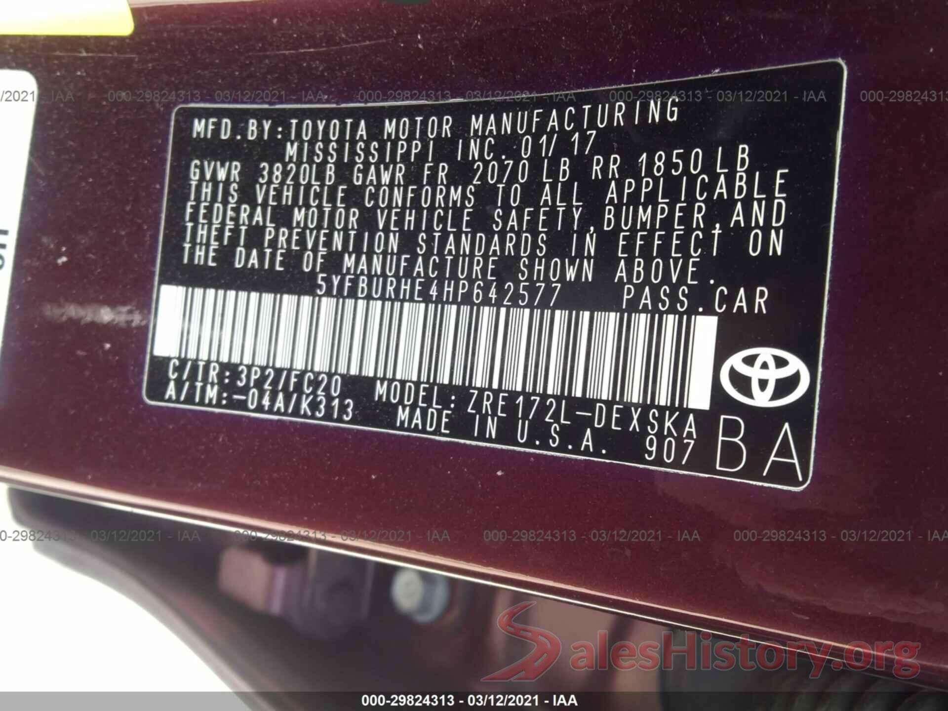 5YFBURHE4HP642577 2017 TOYOTA COROLLA