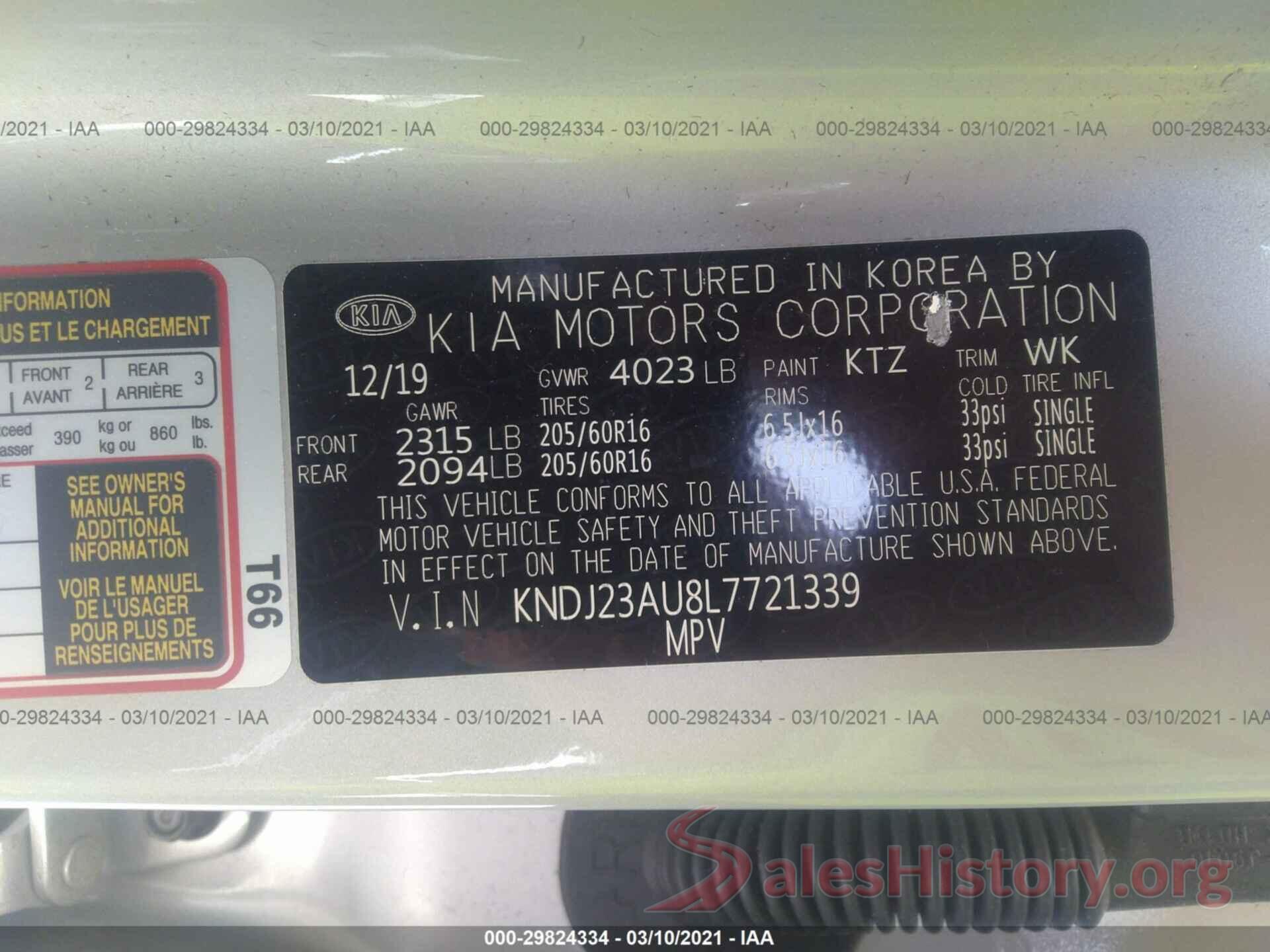 KNDJ23AU8L7721339 2020 KIA SOUL