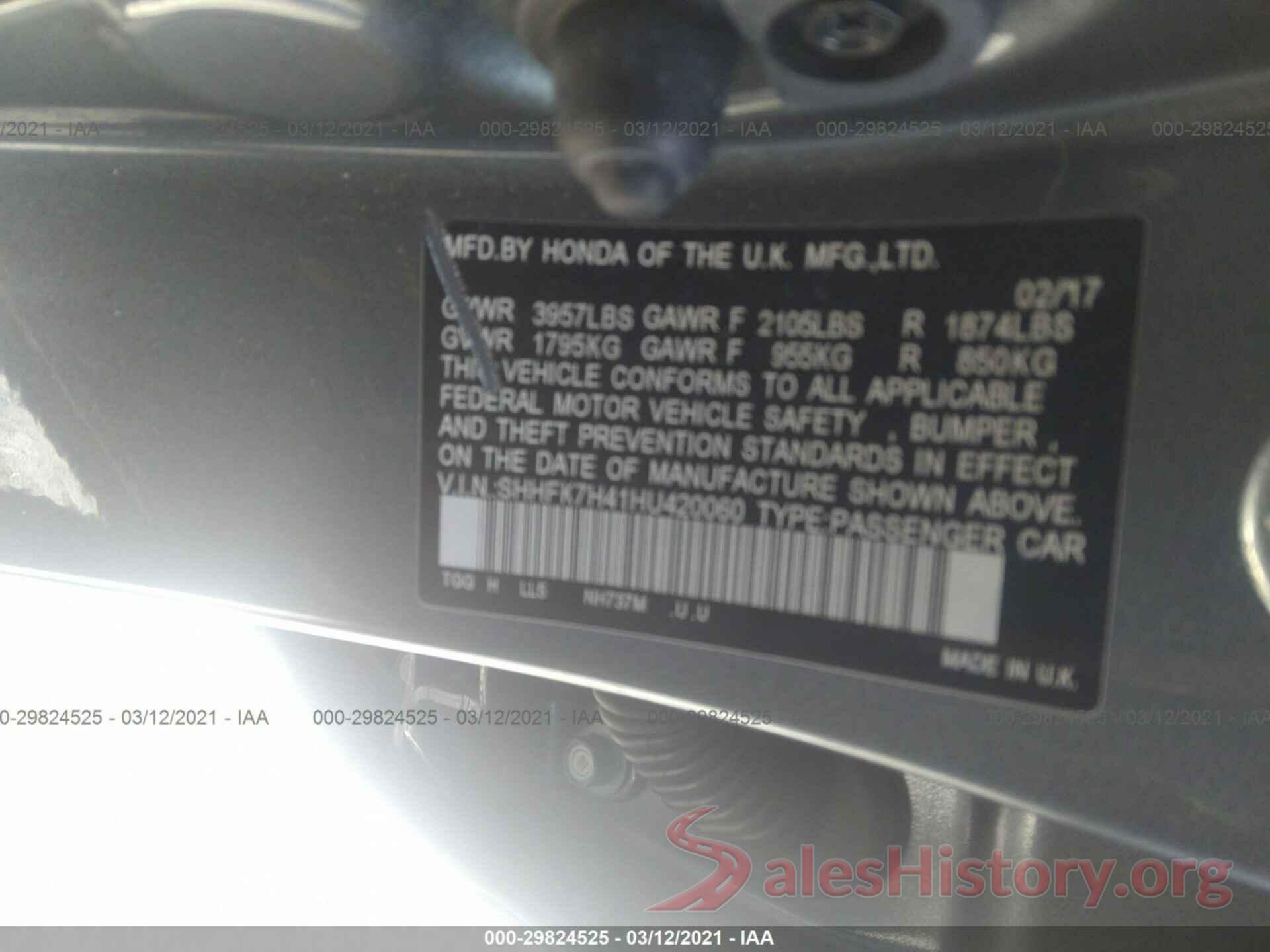 SHHFK7H41HU420060 2017 HONDA CIVIC HATCHBACK