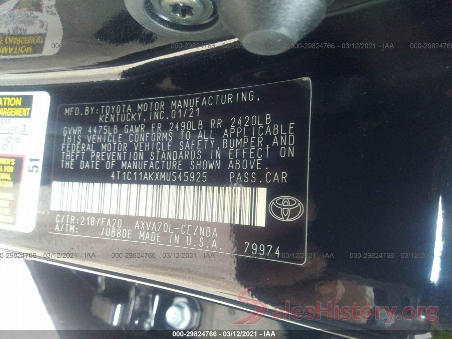 4T1C11AKXMU545925 2021 TOYOTA CAMRY