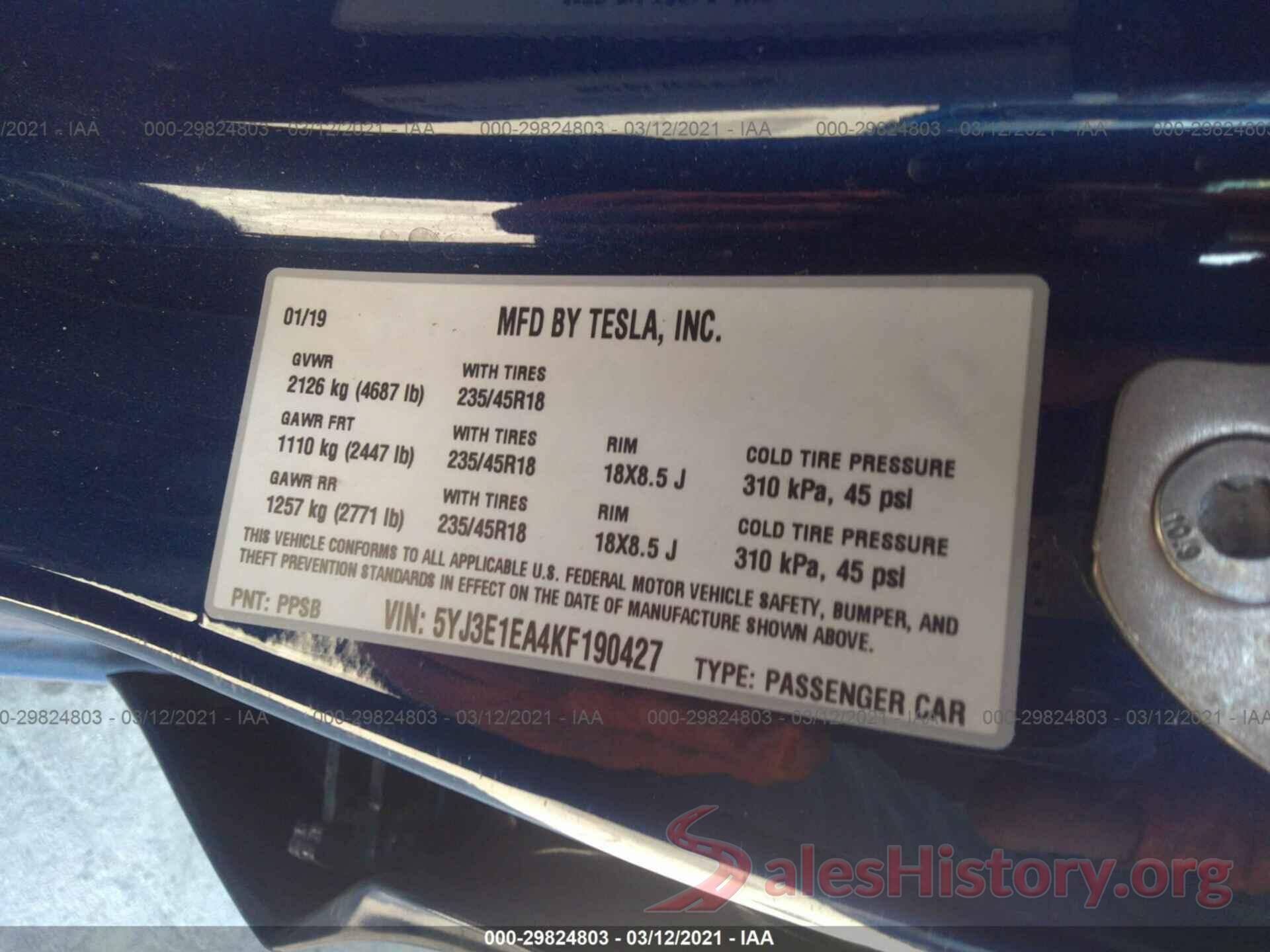 5YJ3E1EA4KF190427 2019 TESLA MODEL 3