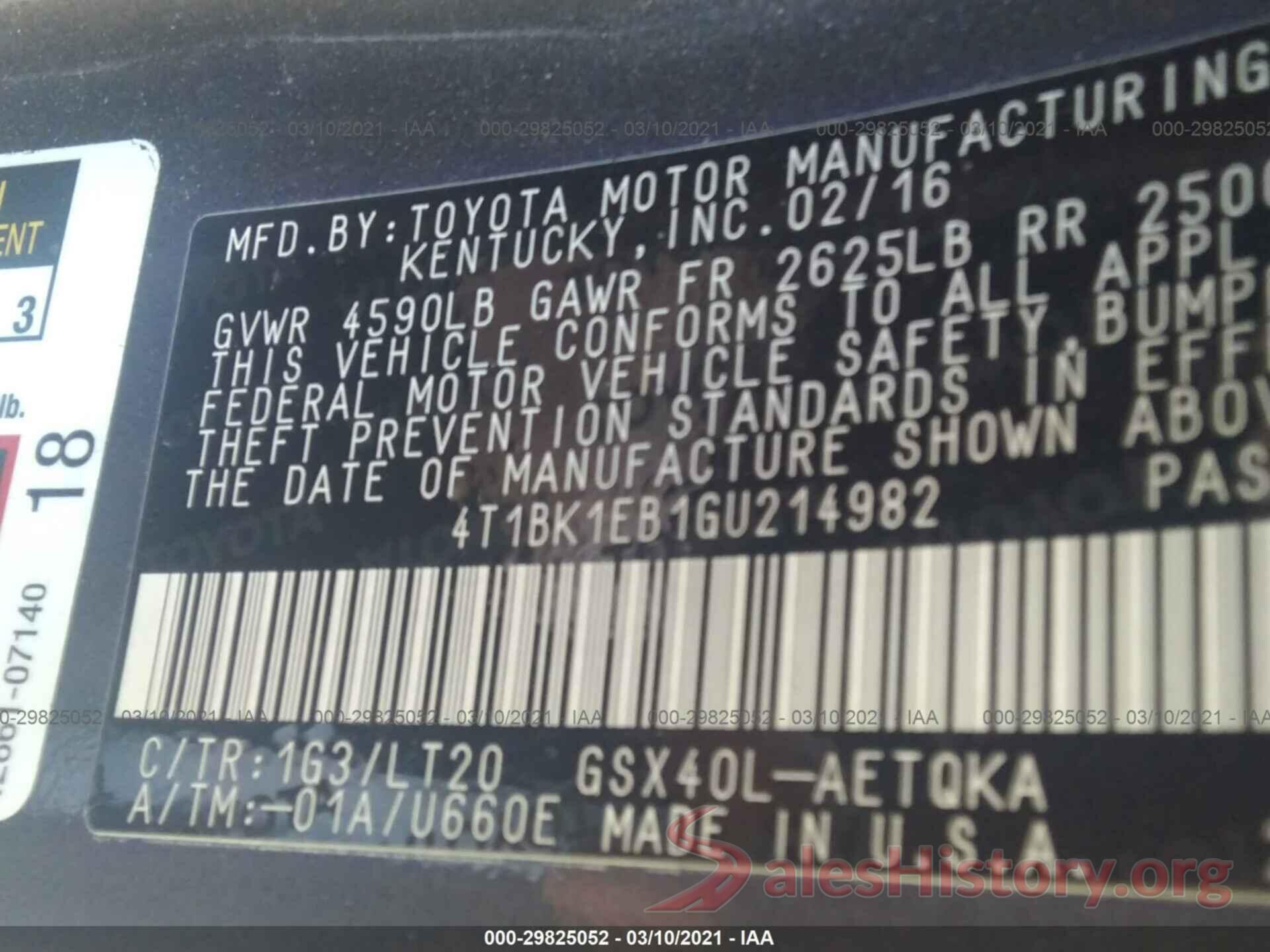 4T1BK1EB1GU214982 2016 TOYOTA AVALON