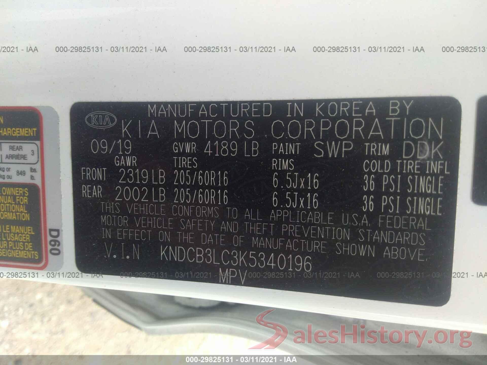 KNDCB3LC3K5340196 2019 KIA NIRO