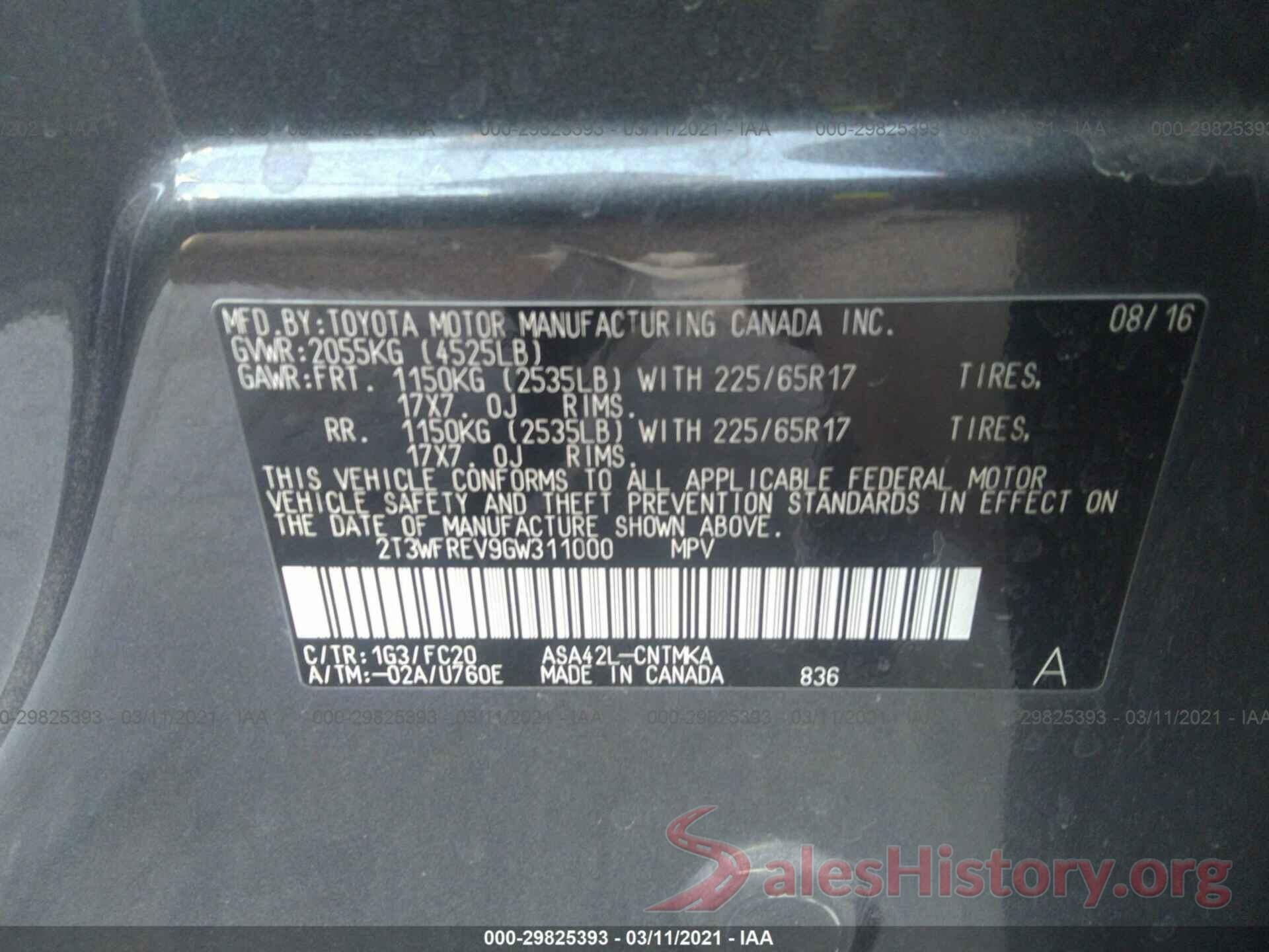 2T3WFREV9GW311000 2016 TOYOTA RAV4