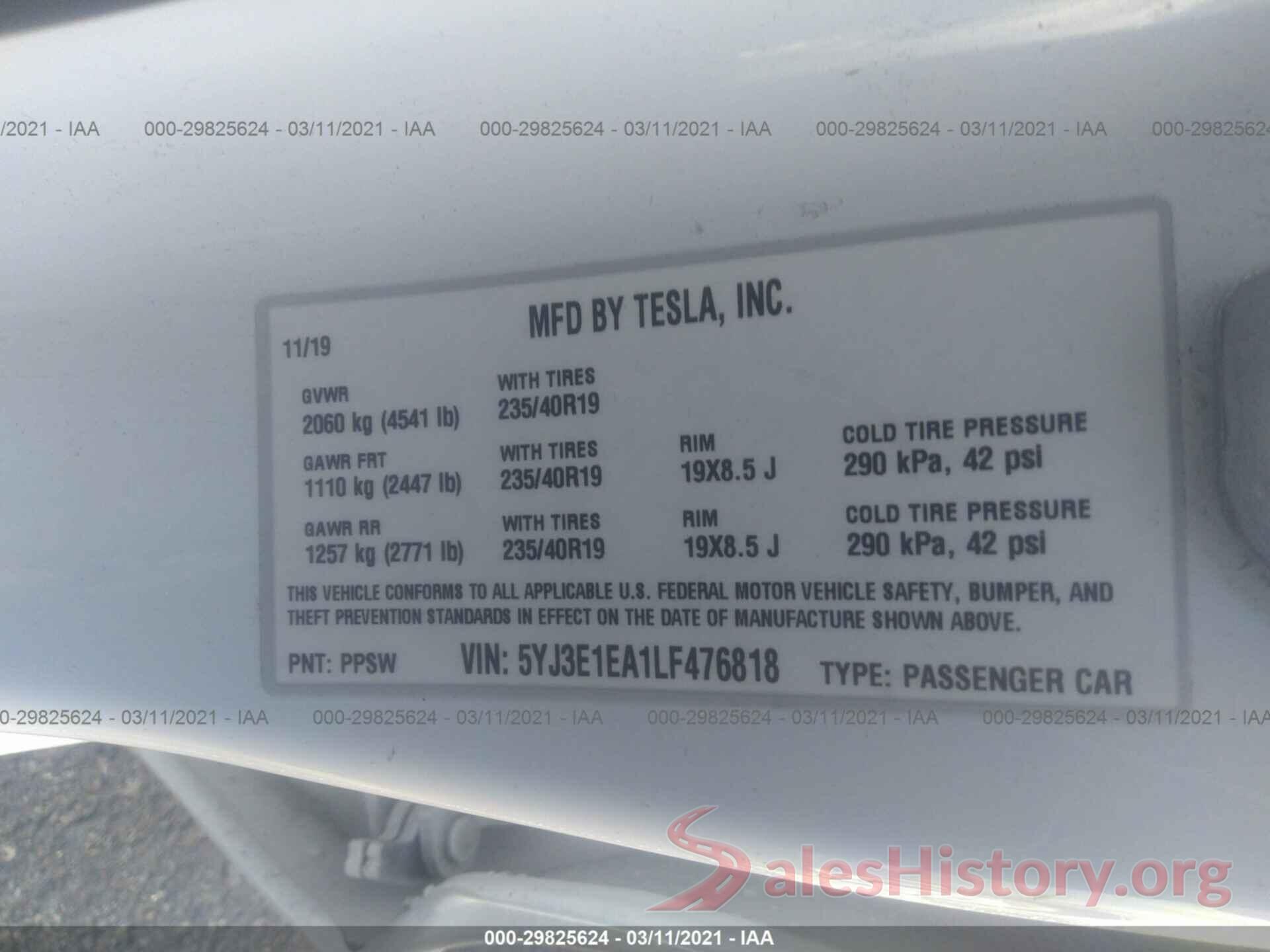 5YJ3E1EA1LF476818 2020 TESLA MODEL 3