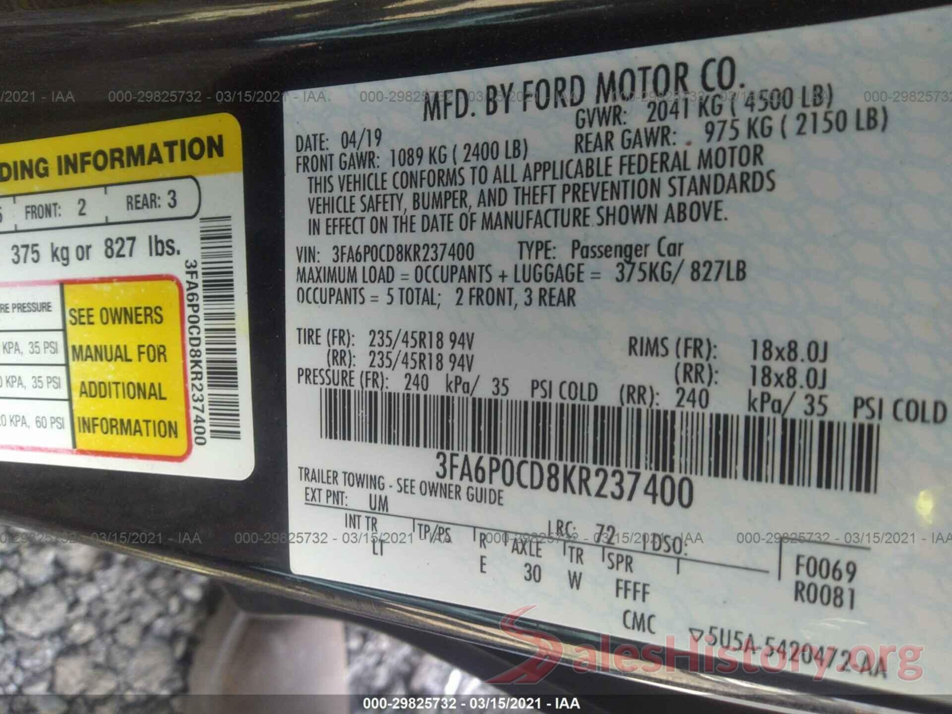 3FA6P0CD8KR237400 2019 FORD FUSION