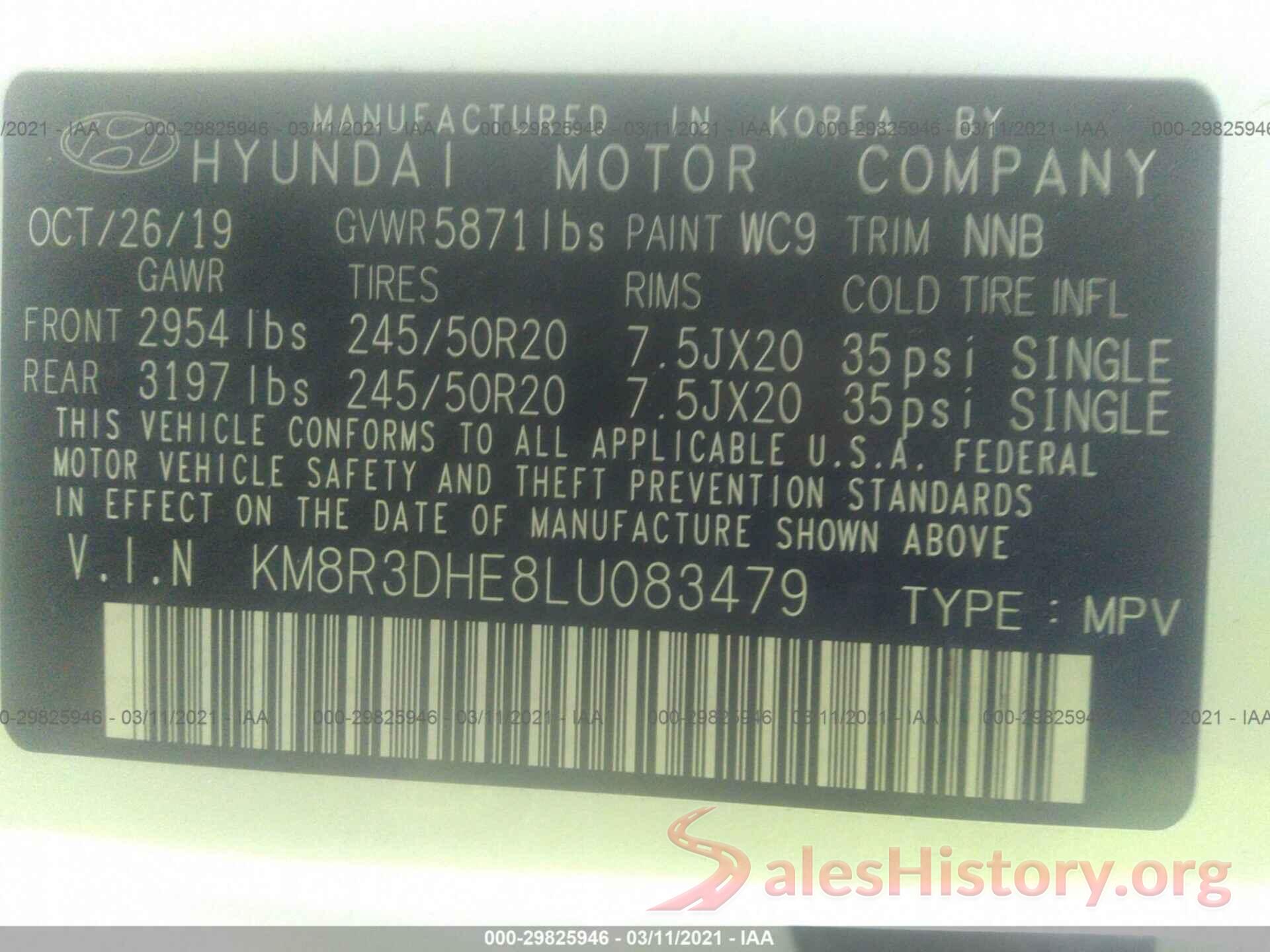 KM8R3DHE8LU083479 2020 HYUNDAI PALISADE