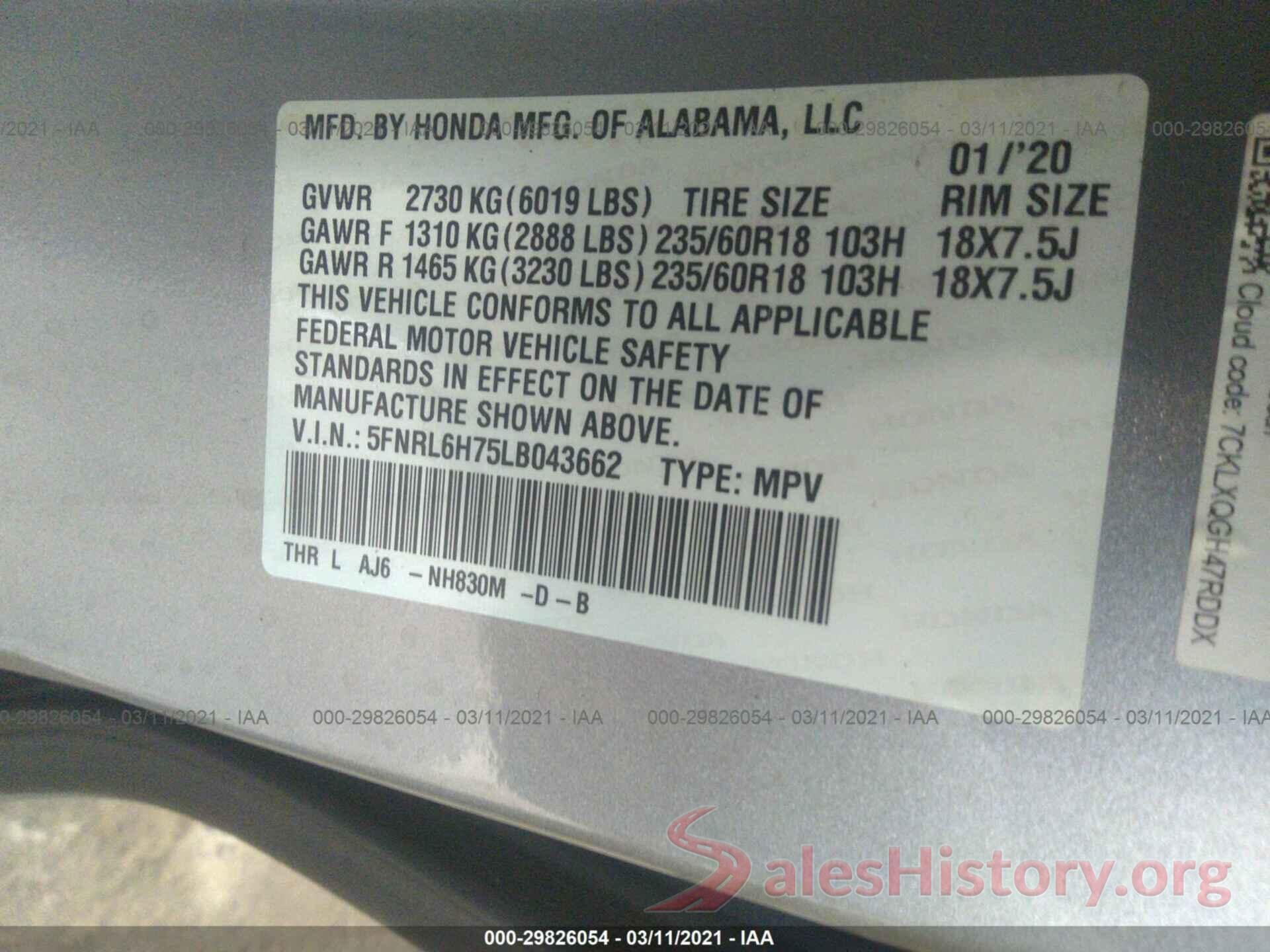 5FNRL6H75LB043662 2020 HONDA ODYSSEY