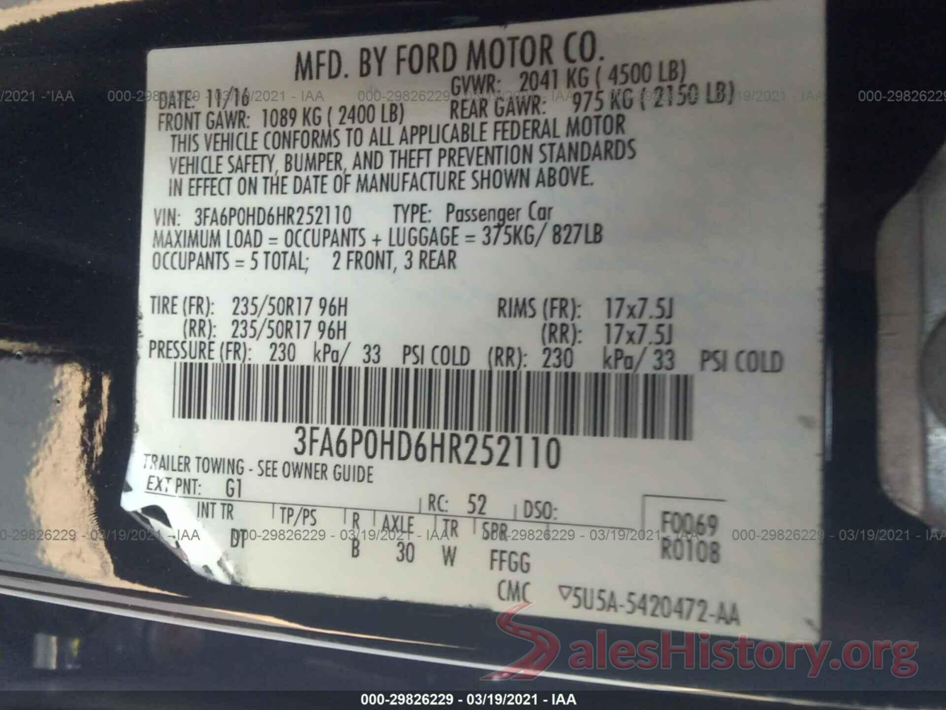 3FA6P0HD6HR252110 2017 FORD FUSION