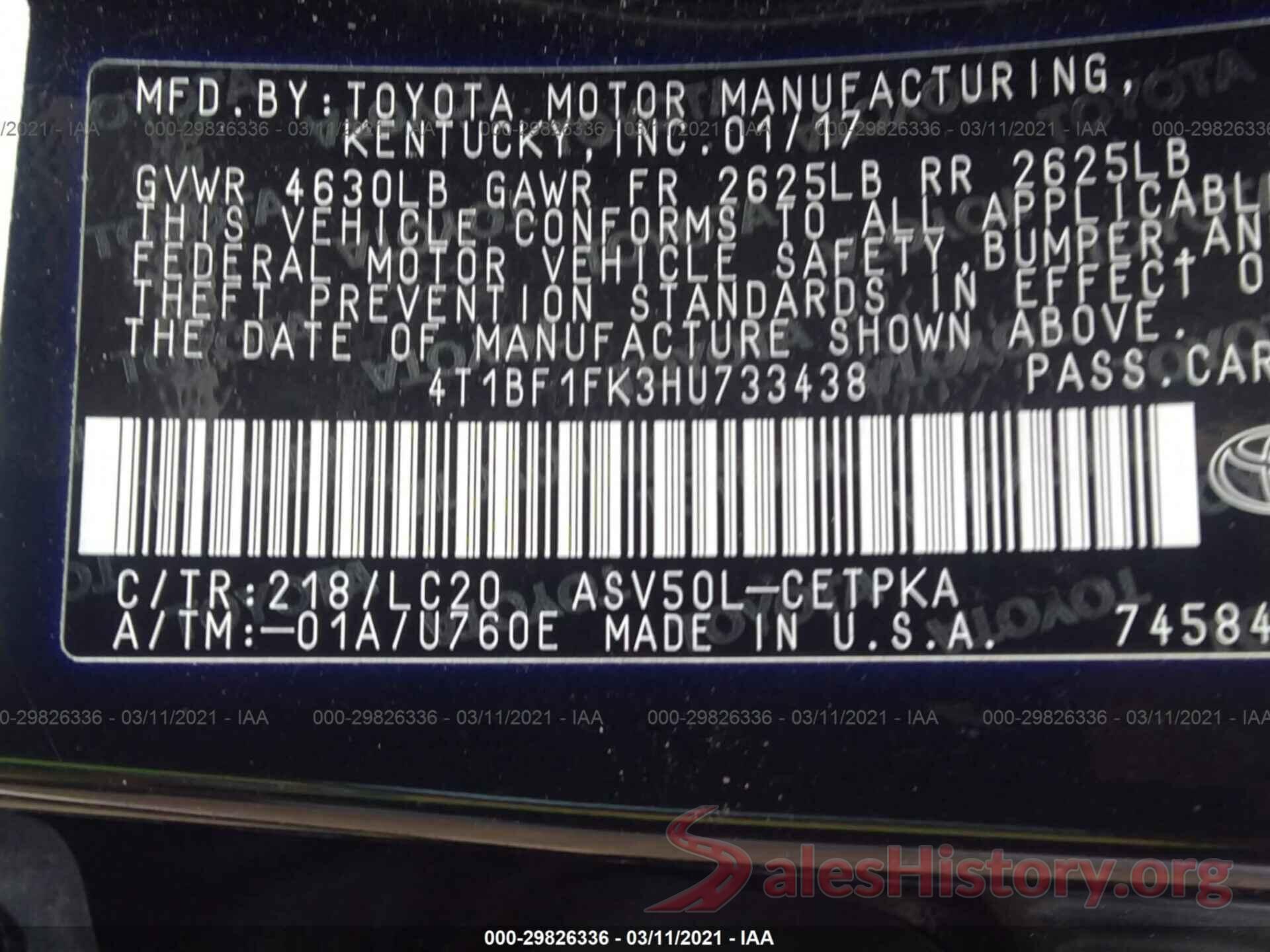 4T1BF1FK3HU733438 2017 TOYOTA CAMRY