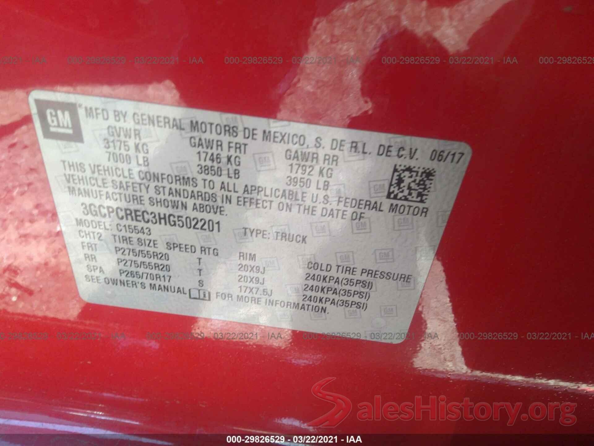 3GCPCREC3HG502201 2017 CHEVROLET SILVERADO 1500