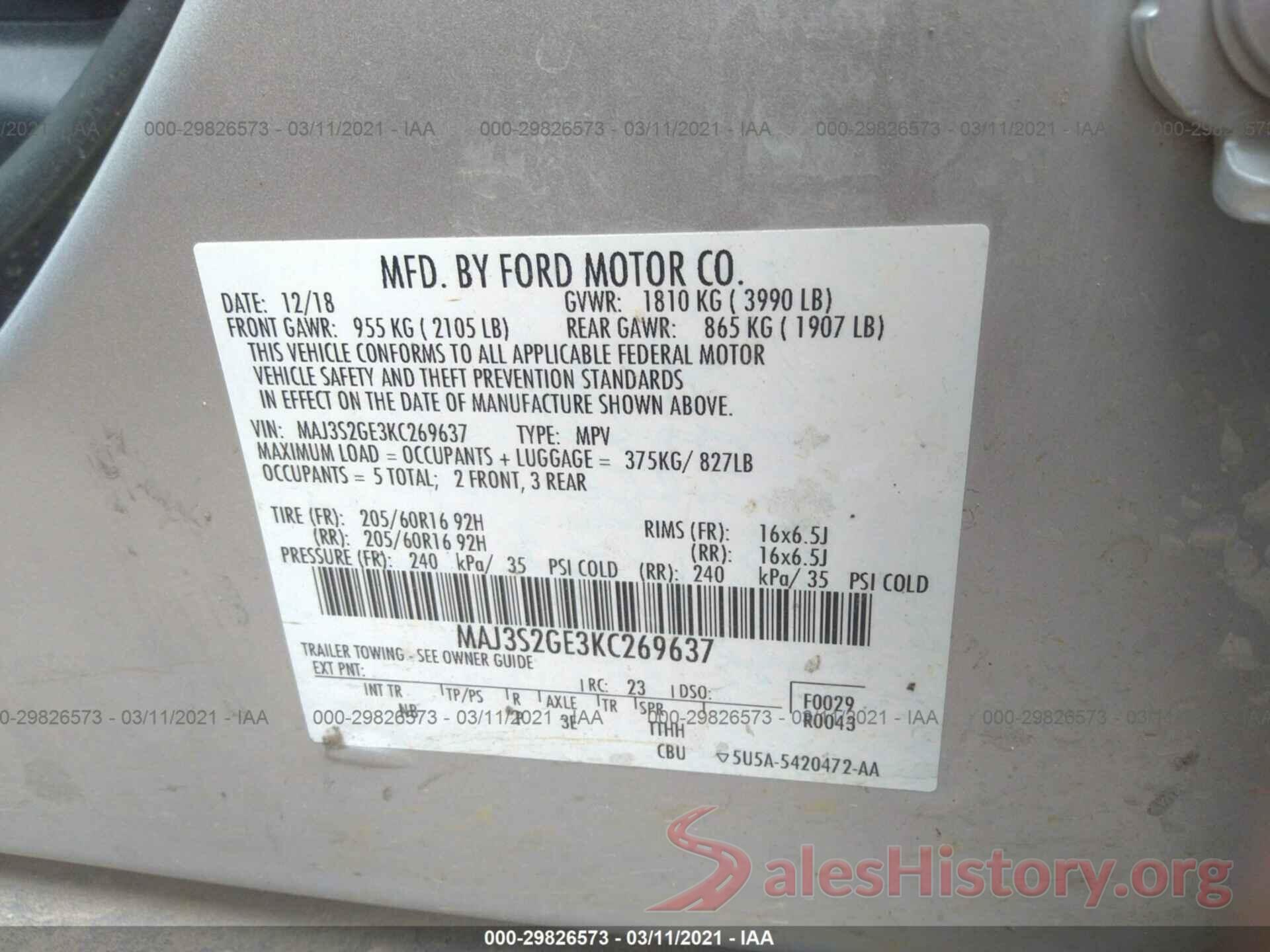 MAJ3S2GE3KC269637 2019 FORD ECOSPORT