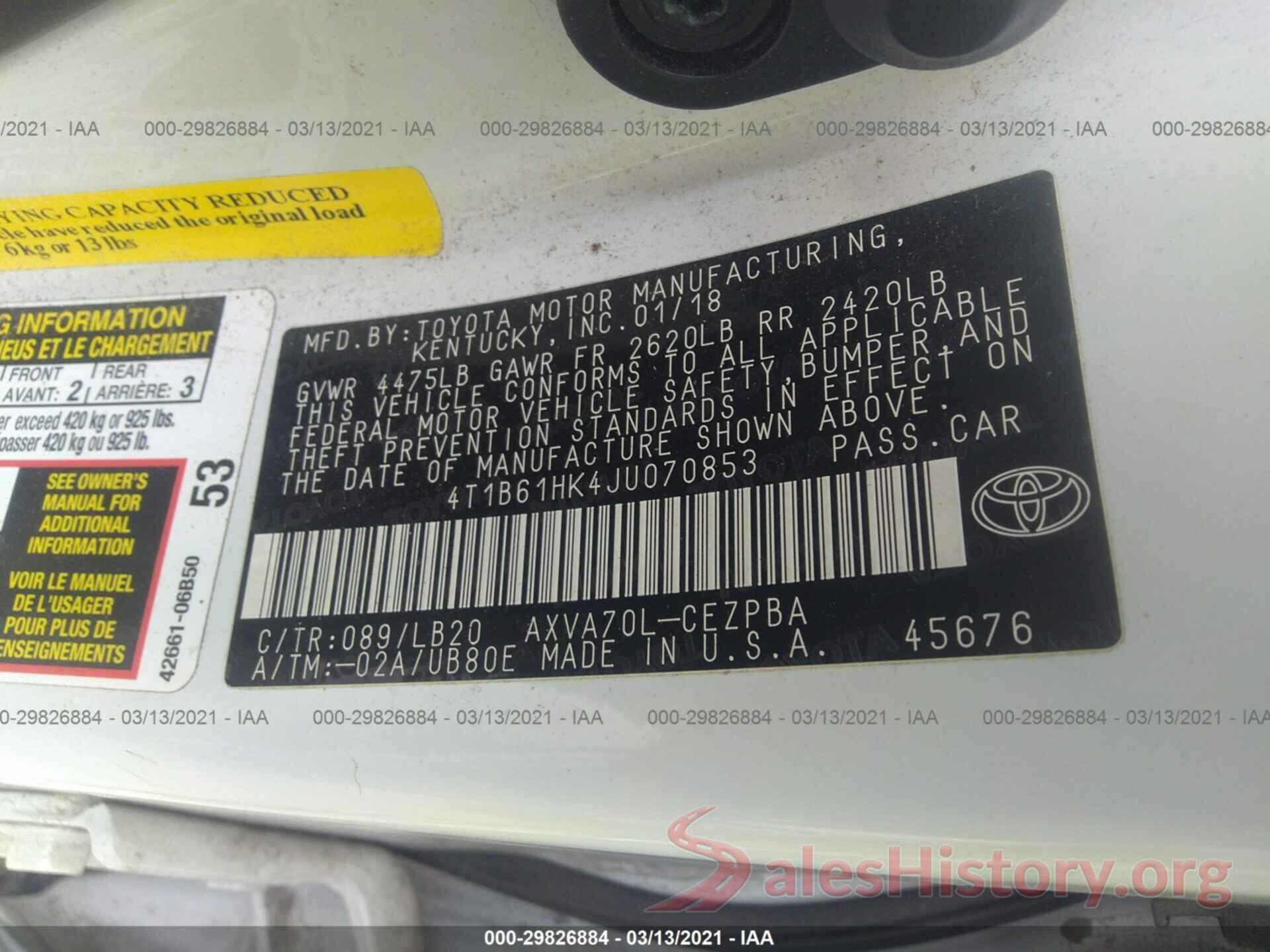 4T1B61HK4JU070853 2018 TOYOTA CAMRY