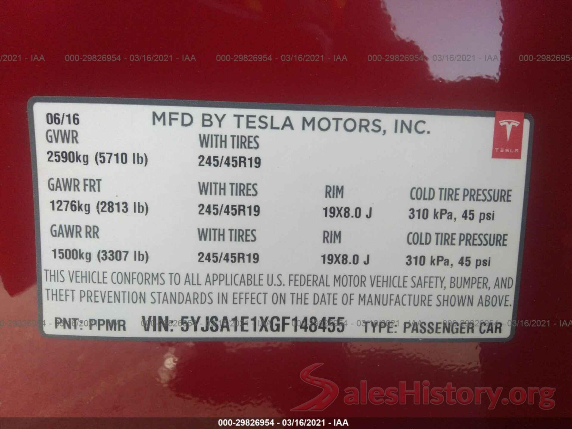 5YJSA1E1XGF148455 2016 TESLA MODEL S