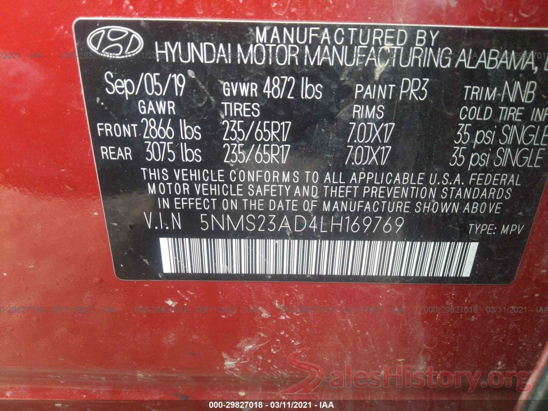 5NMS23AD4LH169769 2020 HYUNDAI SANTA FE