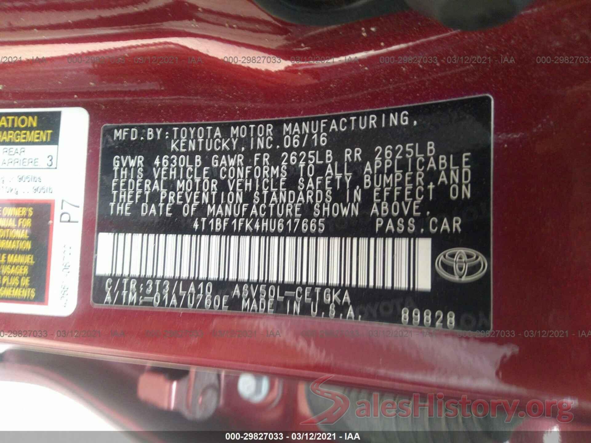 4T1BF1FK4HU617665 2017 TOYOTA CAMRY