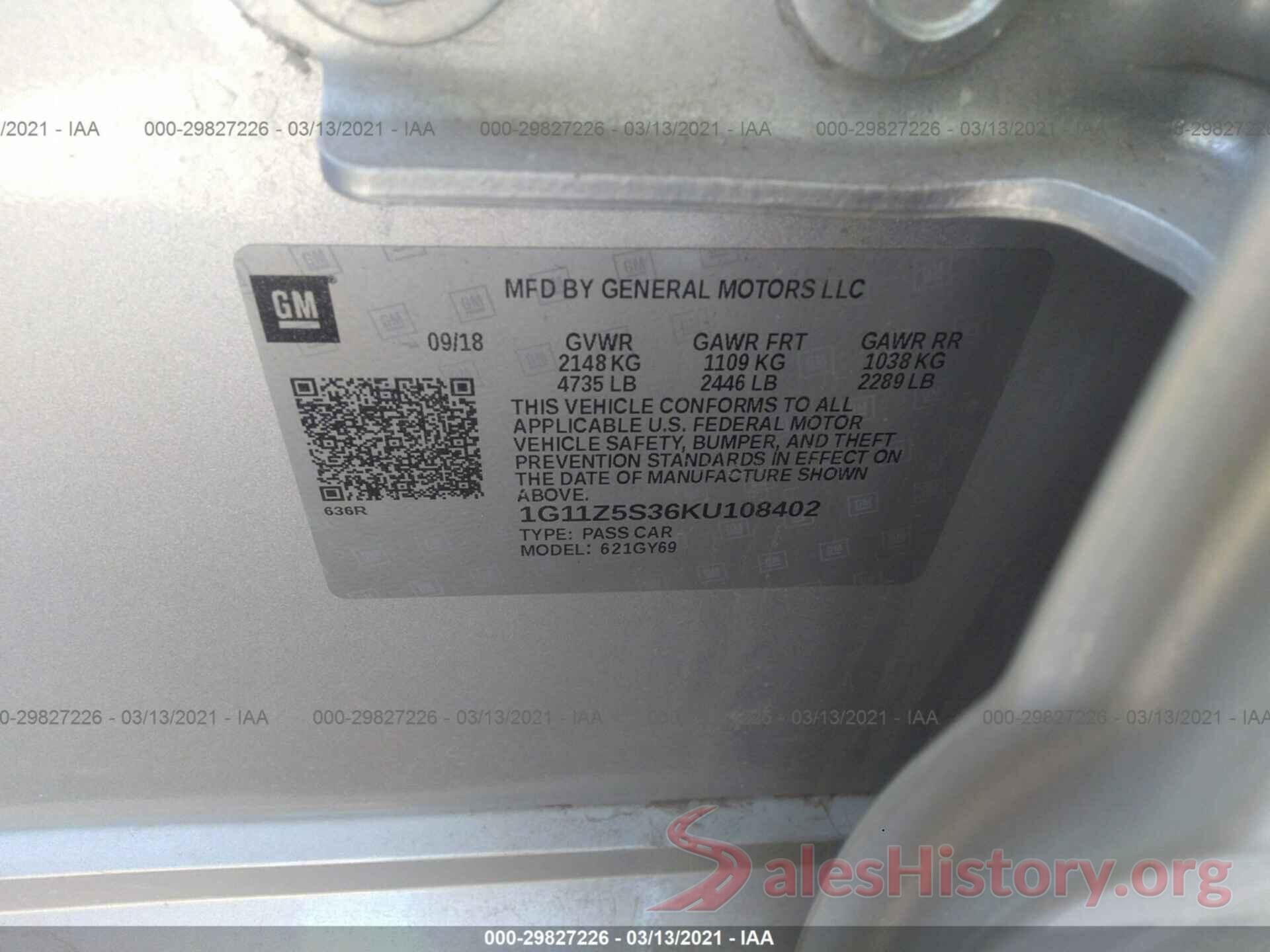 1G11Z5S36KU108402 2019 CHEVROLET IMPALA