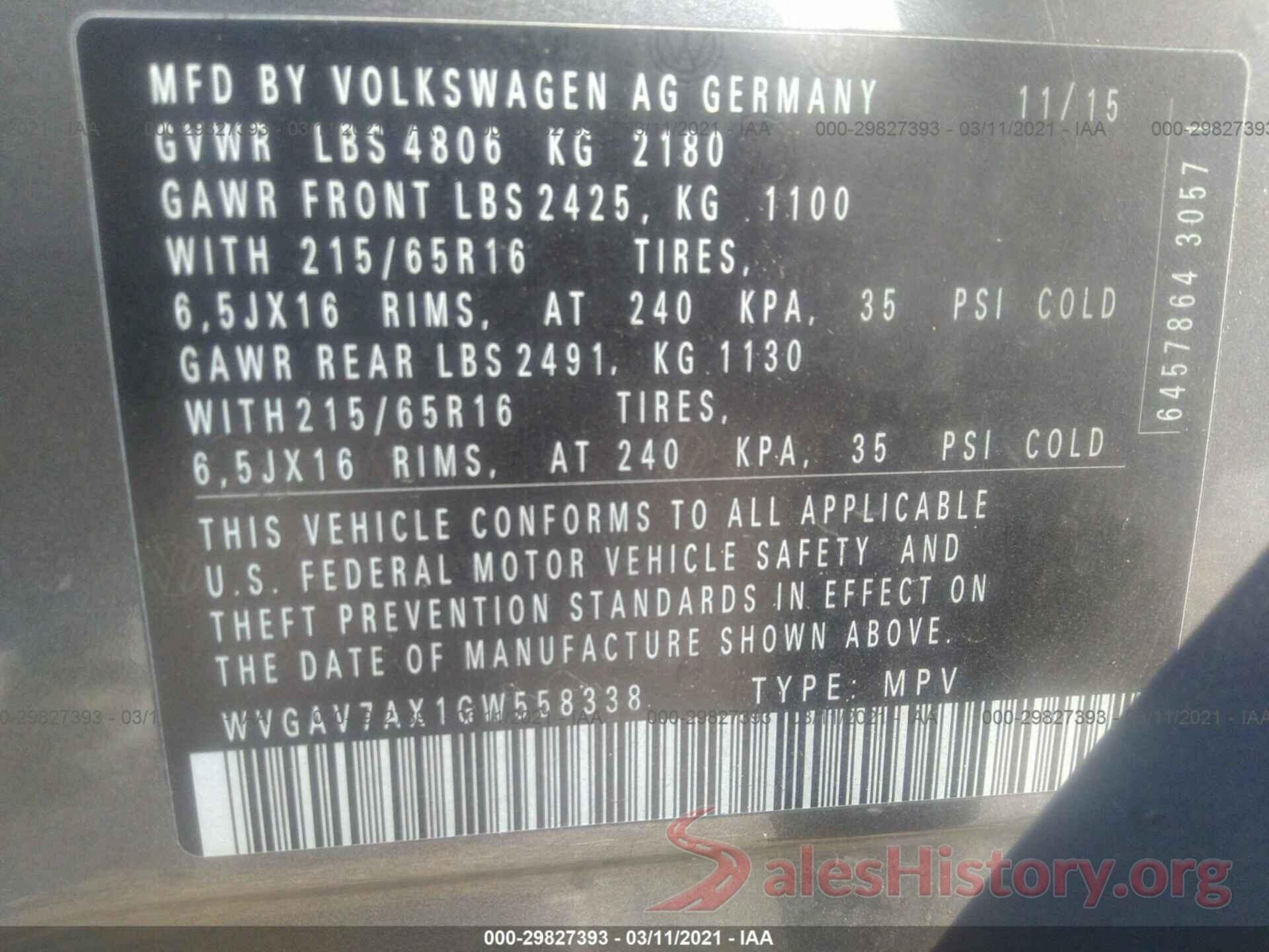 WVGAV7AX1GW558338 2016 VOLKSWAGEN TIGUAN