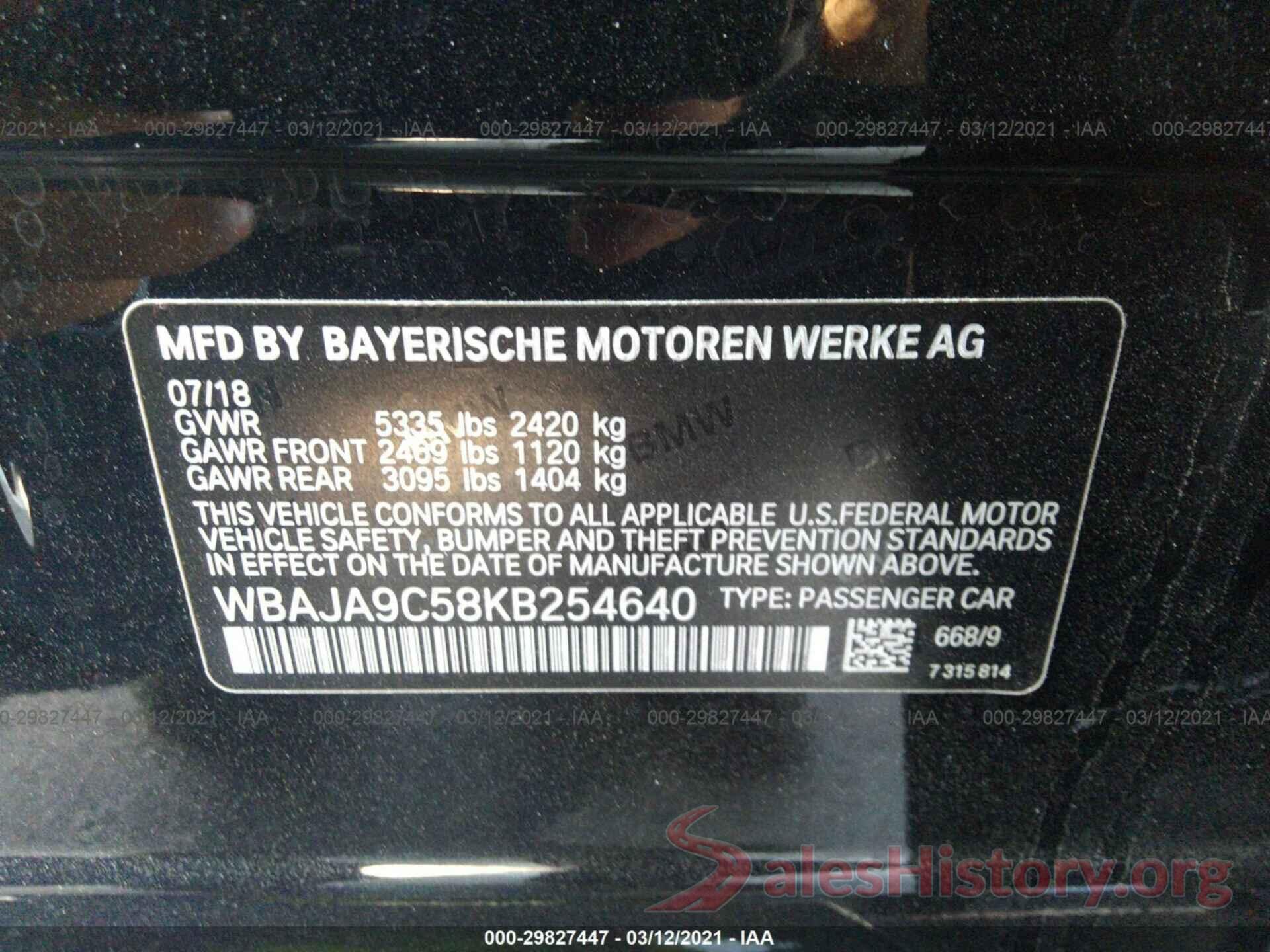 WBAJA9C58KB254640 2019 BMW 5 SERIES