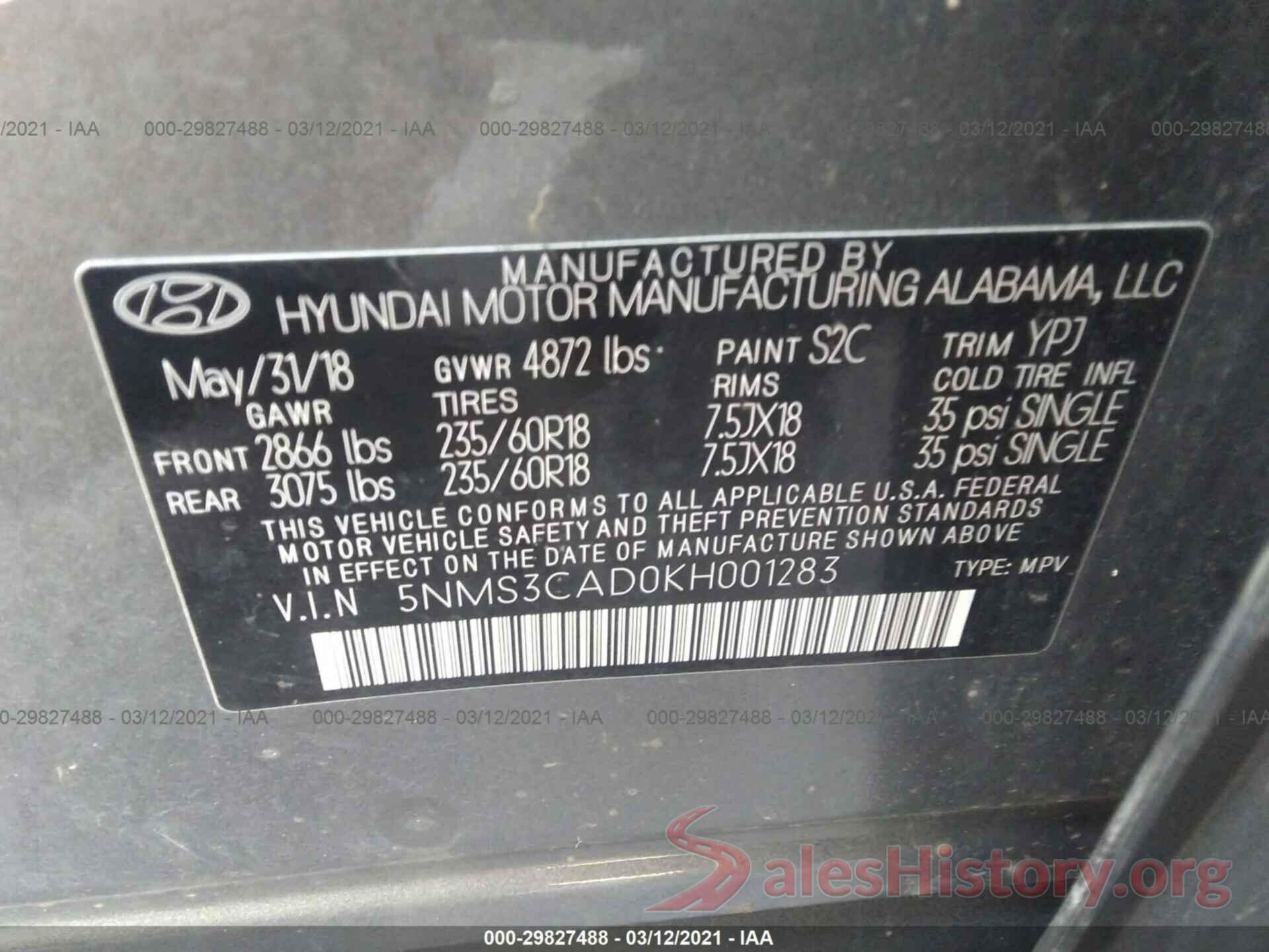 5NMS3CAD0KH001283 2019 HYUNDAI SANTA FE