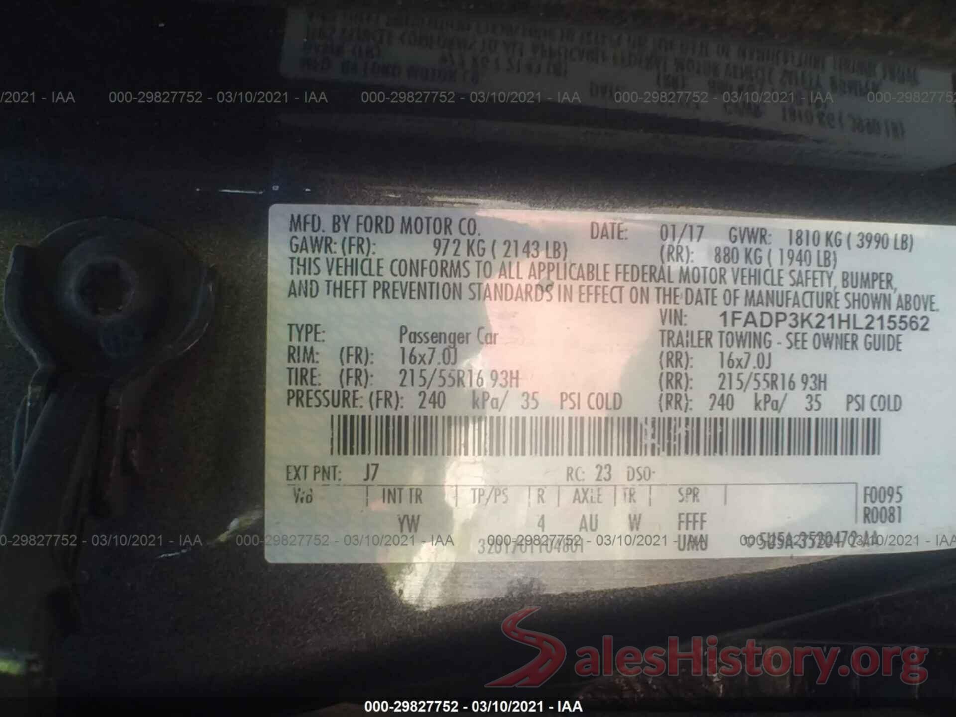 1FADP3K21HL215562 2017 FORD FOCUS