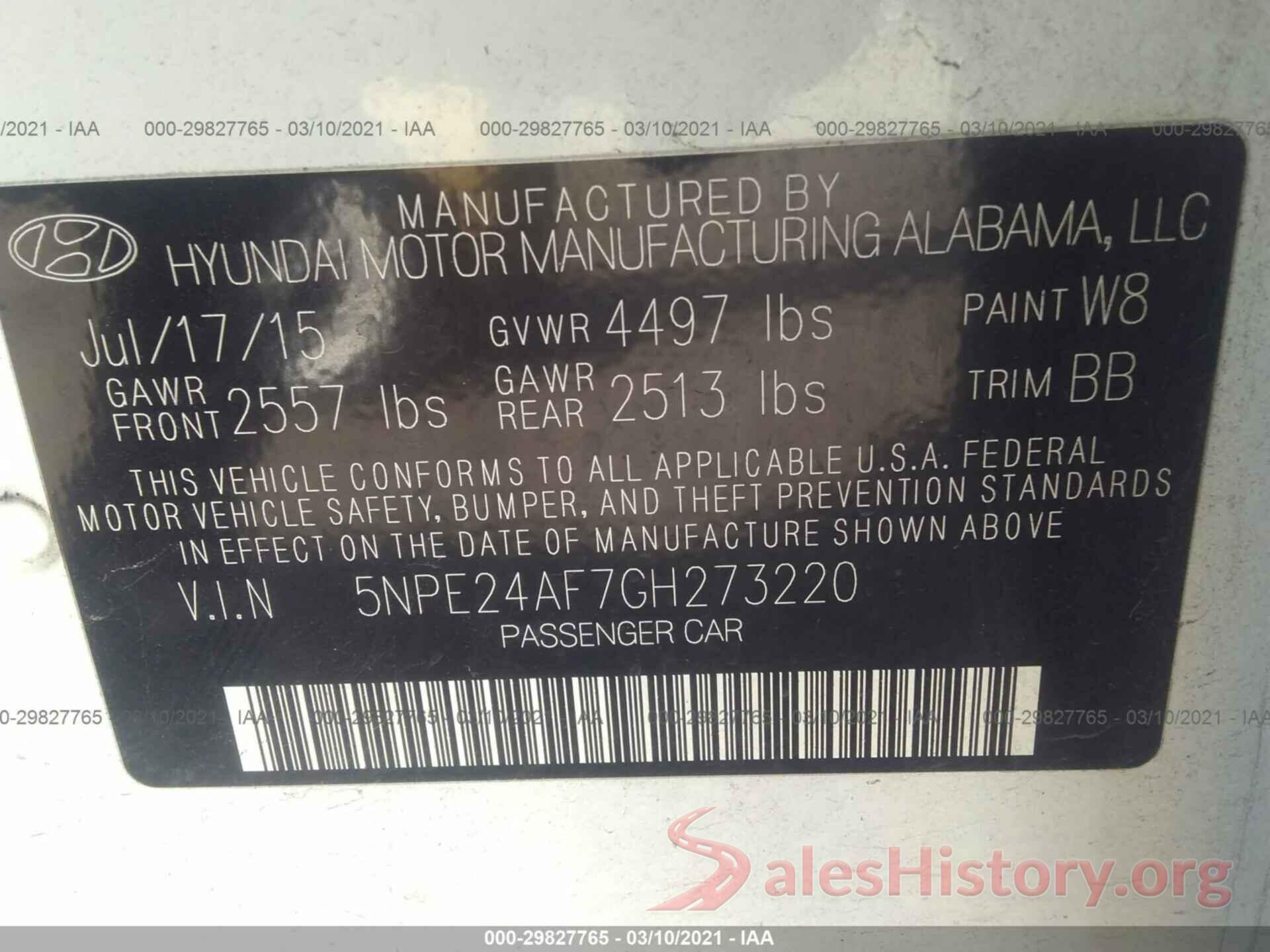 5NPE24AF7GH273220 2016 HYUNDAI SONATA