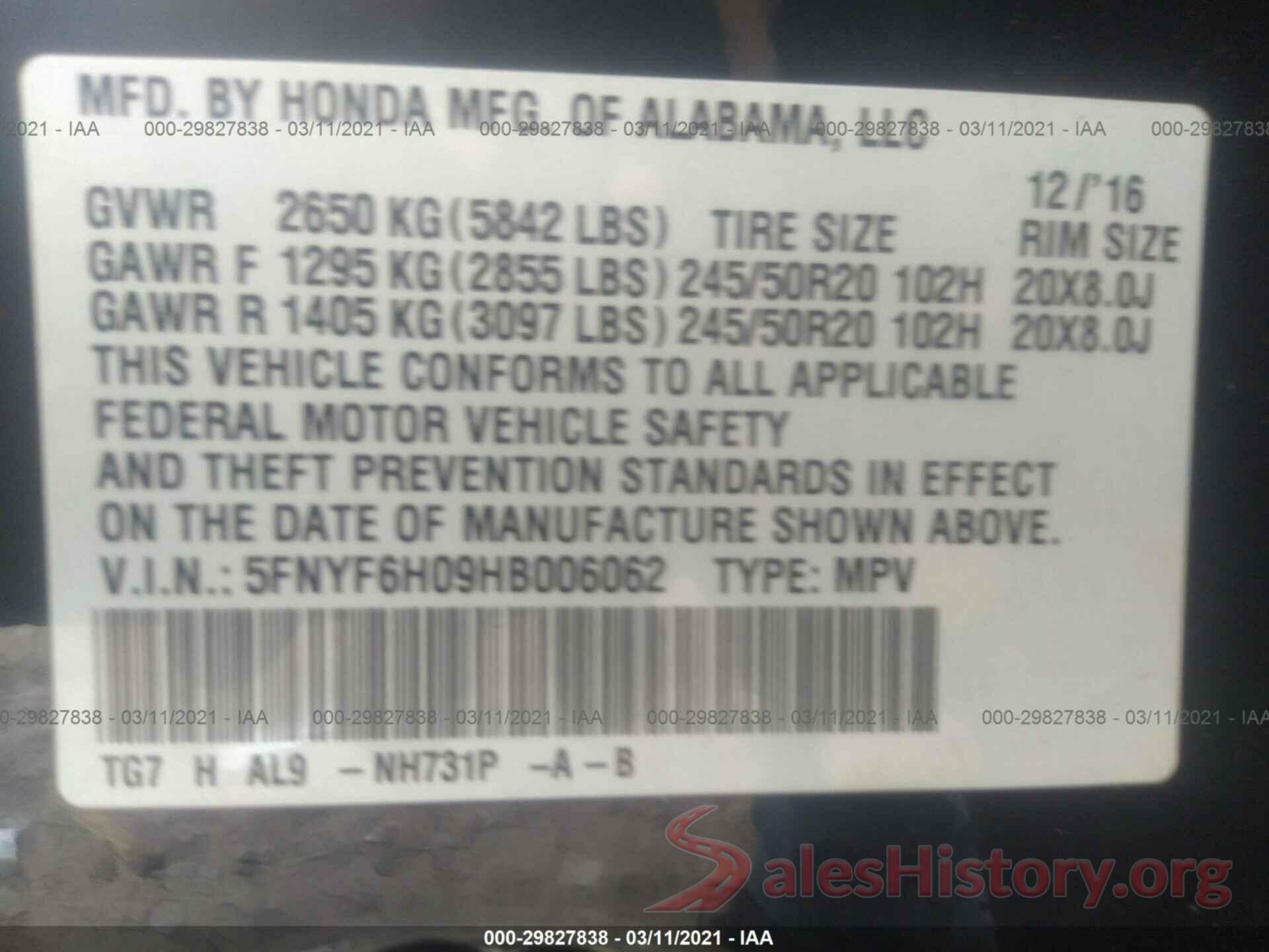 5FNYF6H09HB006062 2017 HONDA PILOT